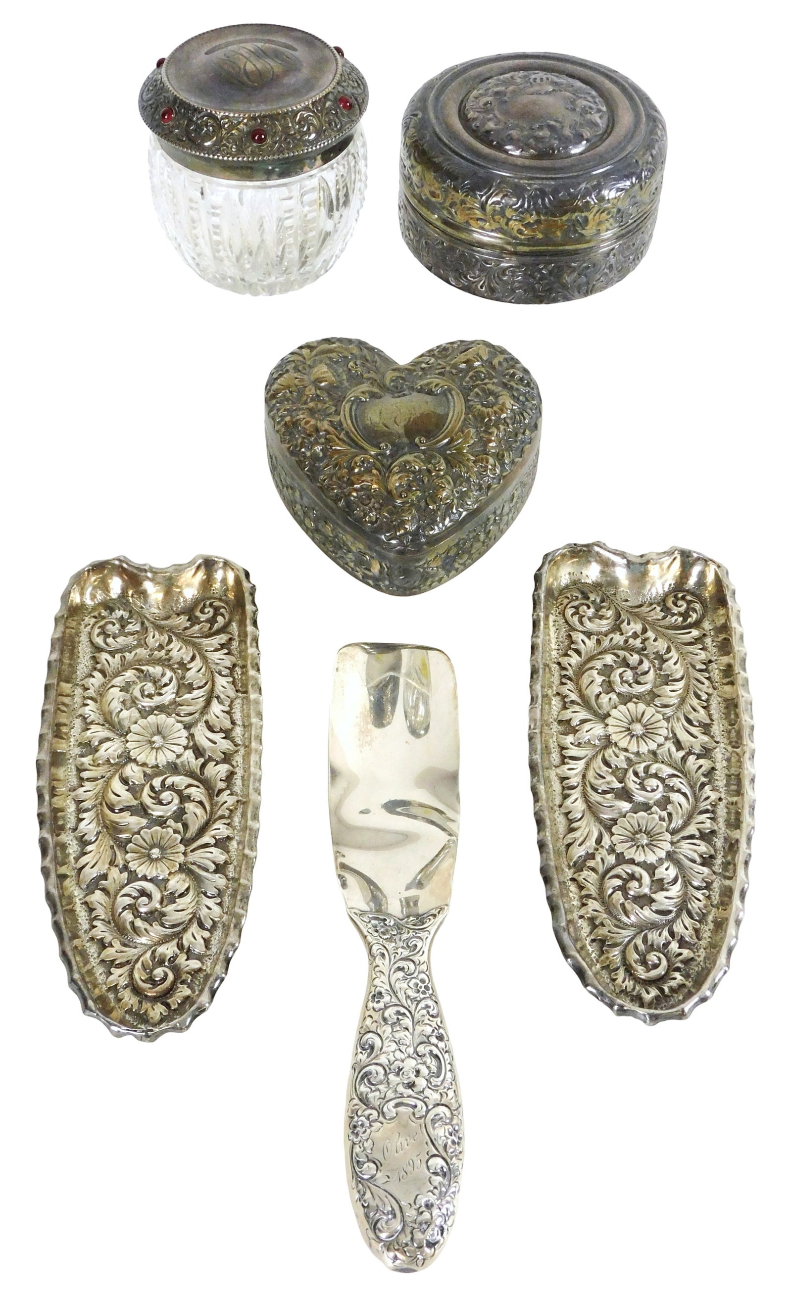 STERLING: Silver trays, spatula, trinket and vanity boxes, six pieces, Gorham, Whiting, etc., Late (1 of 3)
