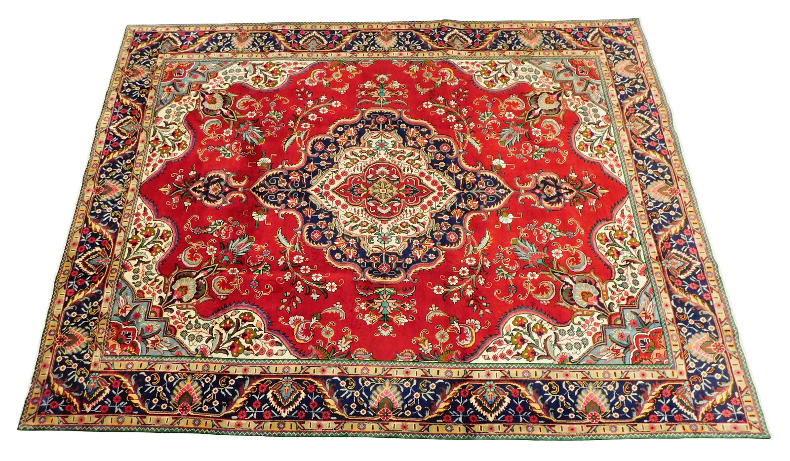 RUG: Tabriz, 12' 7" x 9' 6", wool on cotton, central medallion, red field with cream, navy blue, (1 of 5)