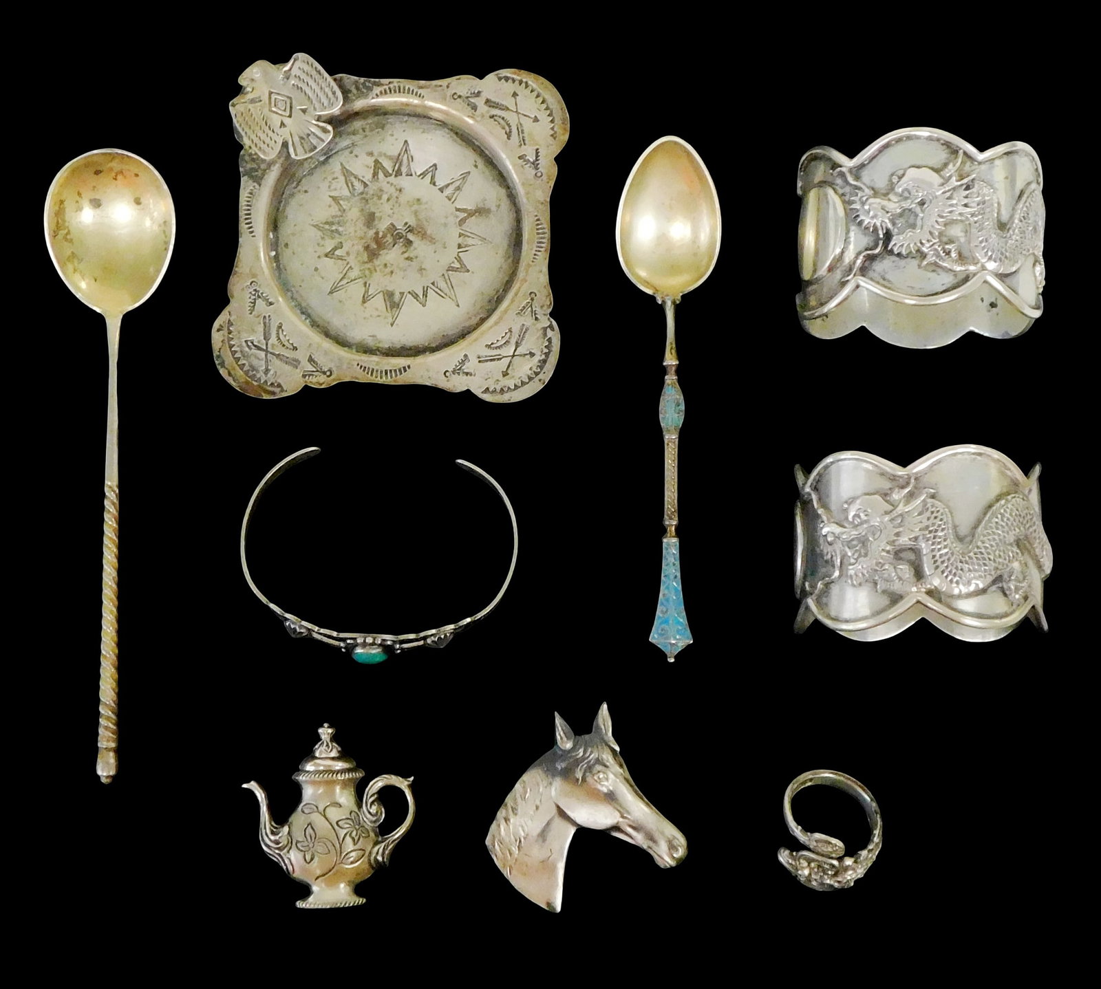 SILVER: Jewelry and accessories, nine pieces, all marked sterling or tested silver, details include: (1 of 2)