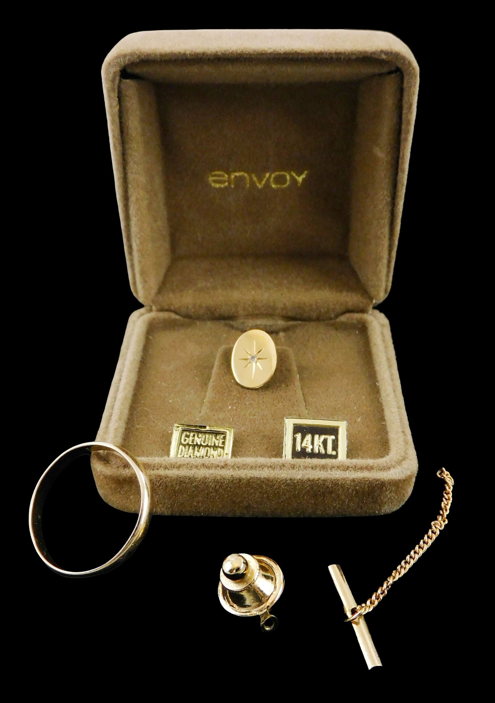 JEWELRY: 14K Gold band and tie tack/ pin, both stamped 14K, pin has small faceted stone at center: JEWELRY: 14K Gold band and tie tack/ pin, both stamped 14K, pin has small faceted stone at center resembling a diamond, both with wear consistent with age and use, pin back tested not gold and is not 