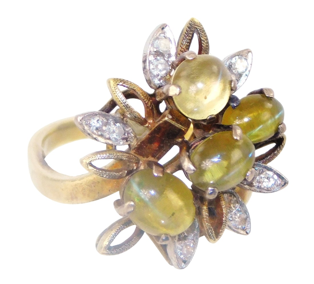 JEWELRY: 18K Cat's eye chrysoberyl and diamond cluster ring, stamped and tested 18K yellow gold, (1 of 3)