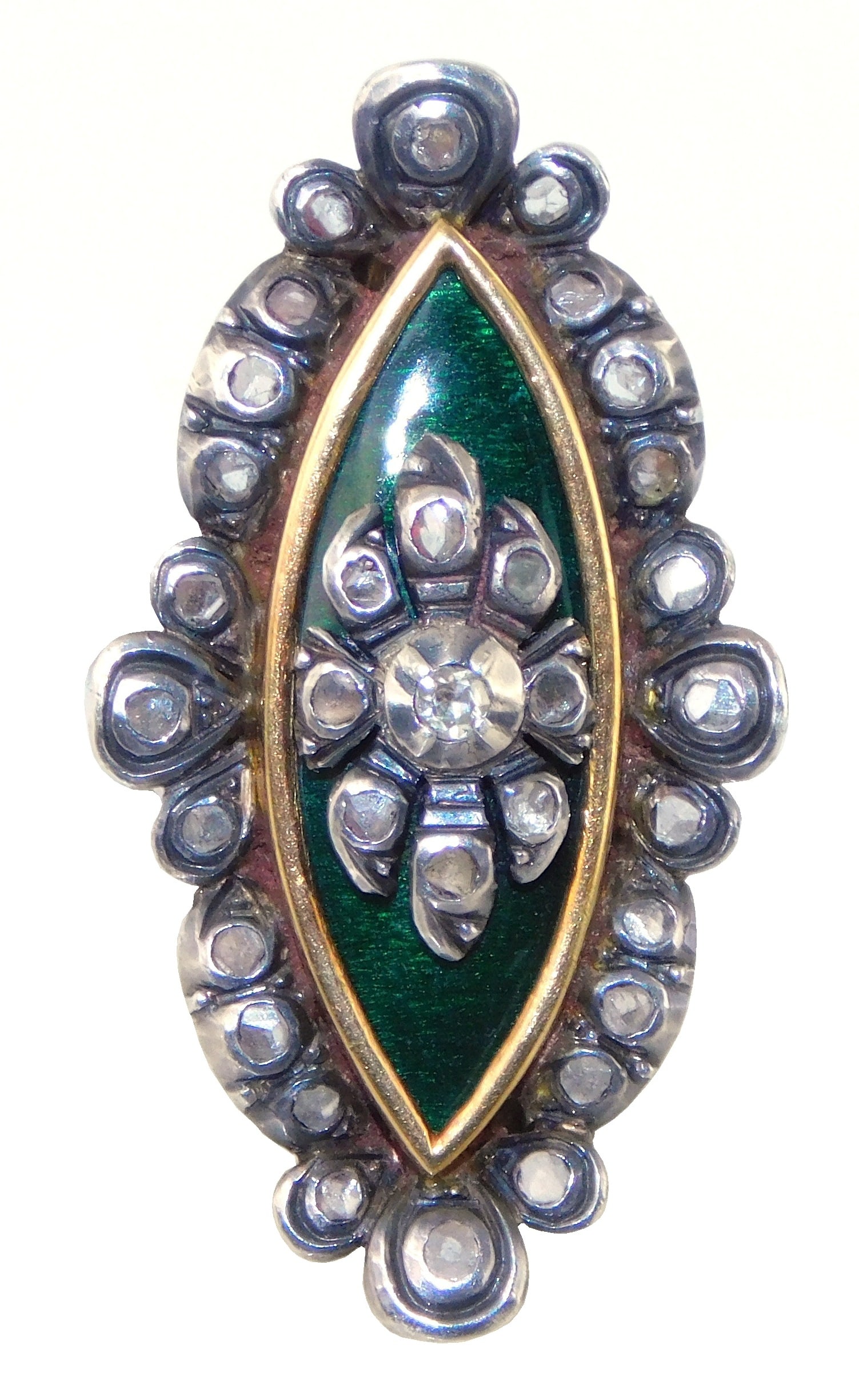 JEWELRY: Antique 18K Enamel and diamond ring, tested and hallmarked 18K yellow gold with silver: JEWELRY: Antique 18K Enamel and diamond ring, tested and hallmarked 18K yellow gold with silver diamond settings, navette shape top with green enamel background, center set with one round single cut d