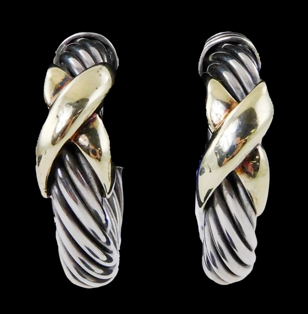 JEWELRY: David Yurman "X" 14K and sterling hoop earrings, 5mm cable hoop overlaid with 14K yellow: JEWELRY: David Yurman "X" 14K and sterling hoop earrings, 5mm cable hoop overlaid with 14K yellow gold crossover X, hallmarked to interior curve "D.Y. 925 585", wear consistent with and use, 1" l. [To
