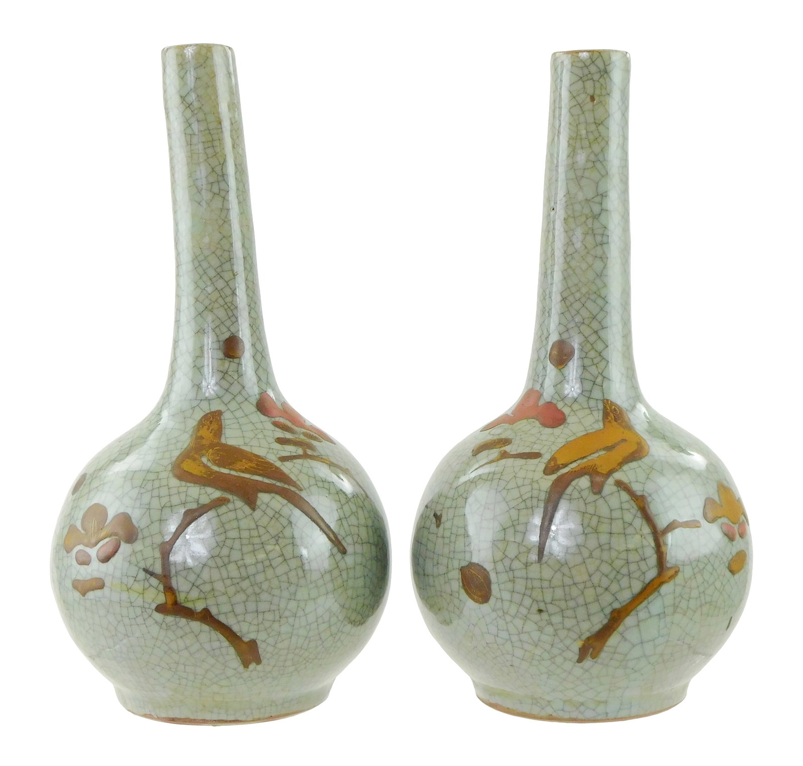 ASIAN: Pair of Japanese grey crackle and enamel Awaji bottle vases, early 20th C., bottle form vases (1 of 2)