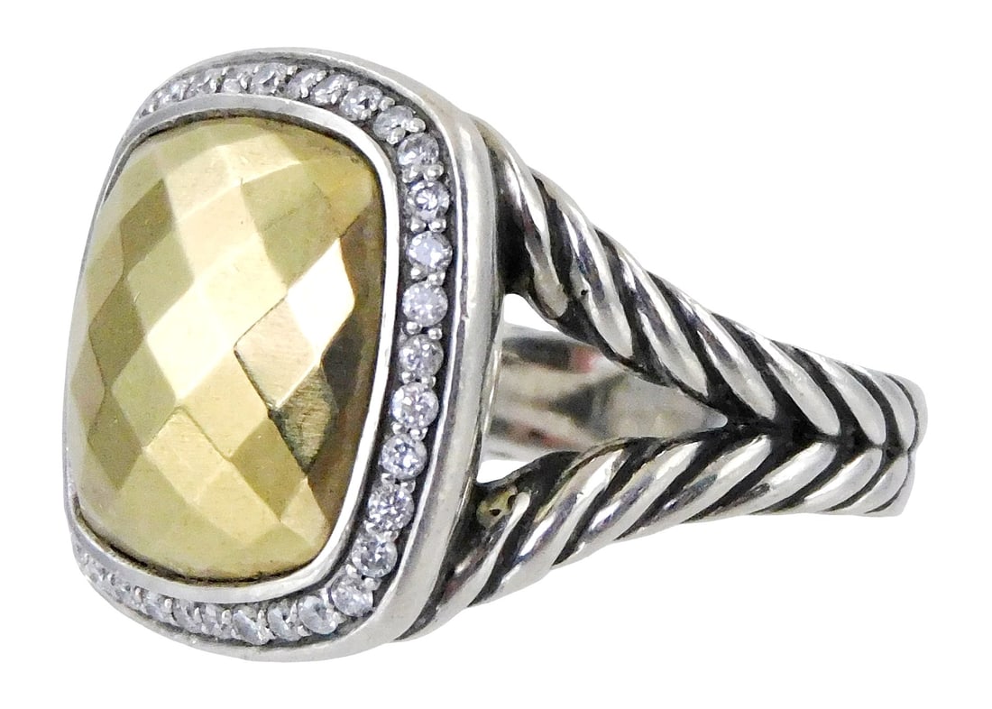 JEWELRY: David Yurman 'Albion' 18K and sterling ring, faceted dome center encircled by row of: JEWELRY: David Yurman 'Albion' 18K and sterling ring, faceted dome center encircled by row of diamonds (0.37 ct tw), split cable shank and tapered band, stamped hallmarks to interior band, wear consis