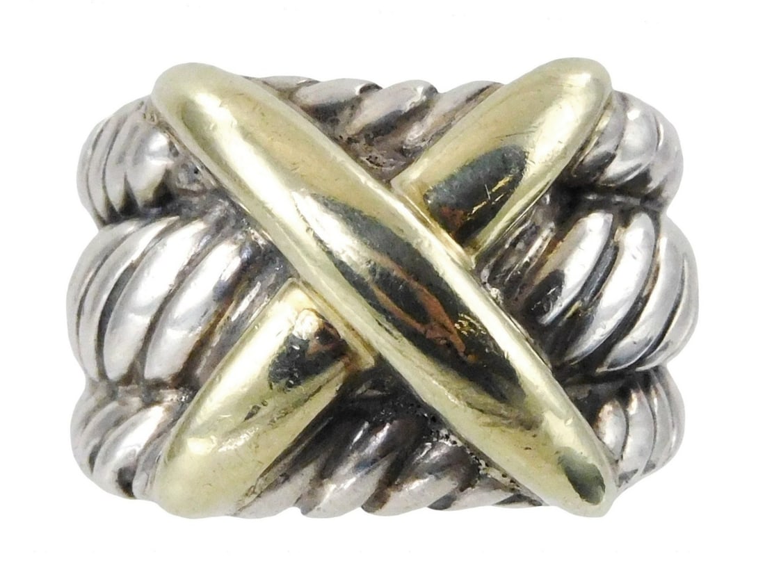 JEWELRY: David Yurman "X" 14K and sterling ring, three stacked cable bands with central 14K yellow: JEWELRY: David Yurman "X" 14K and sterling ring, three stacked cable bands with central 14K yellow gold crossover X, signed "D.Yurman", "925" and "14K" to interior, wear consistent with age and use, a