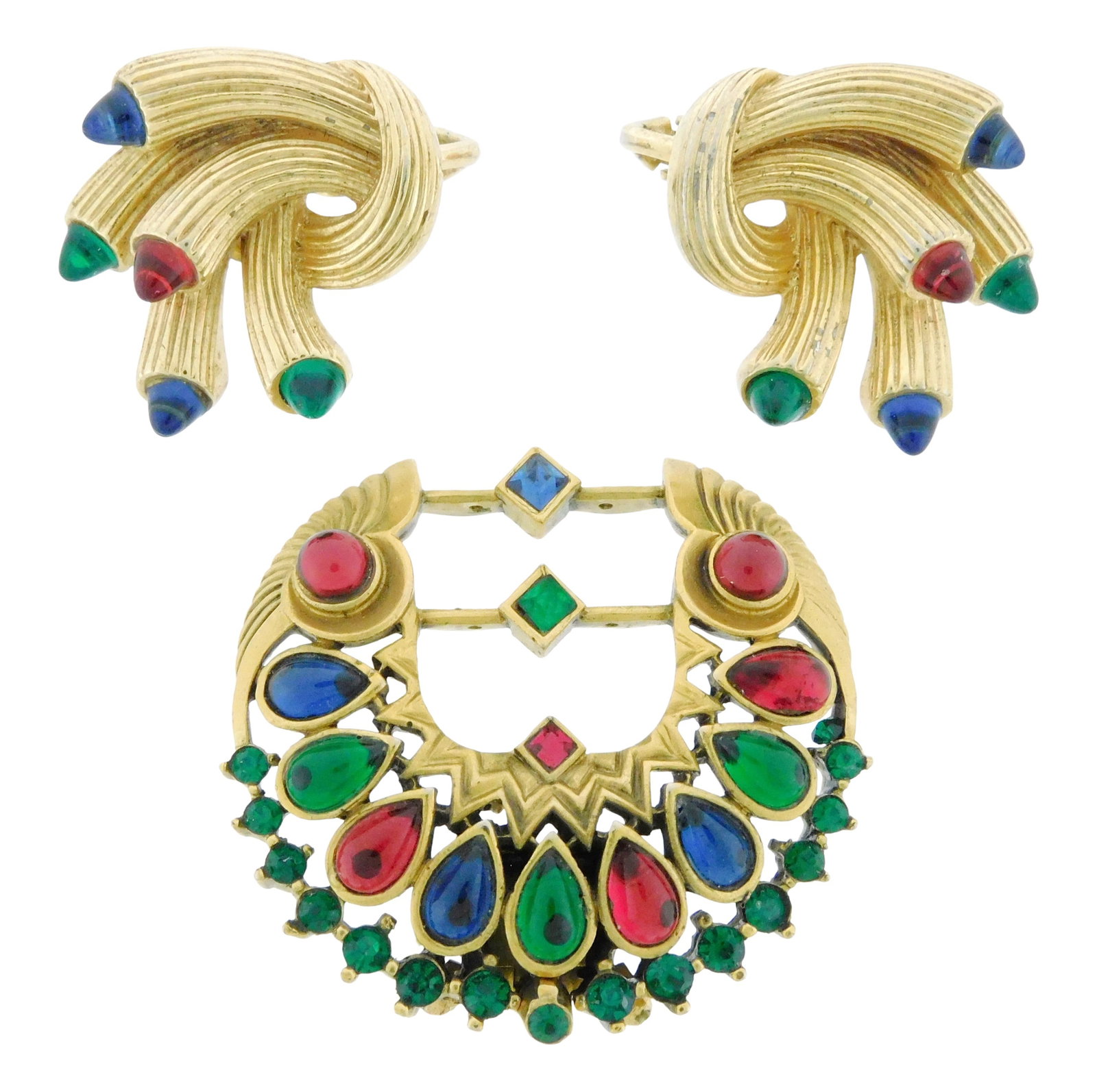 COSTUME JEWELRY: Vintage Alfred Philippe for Crown Trifari "Jewels of India" pendant/ clasp and pair (1 of 3)
