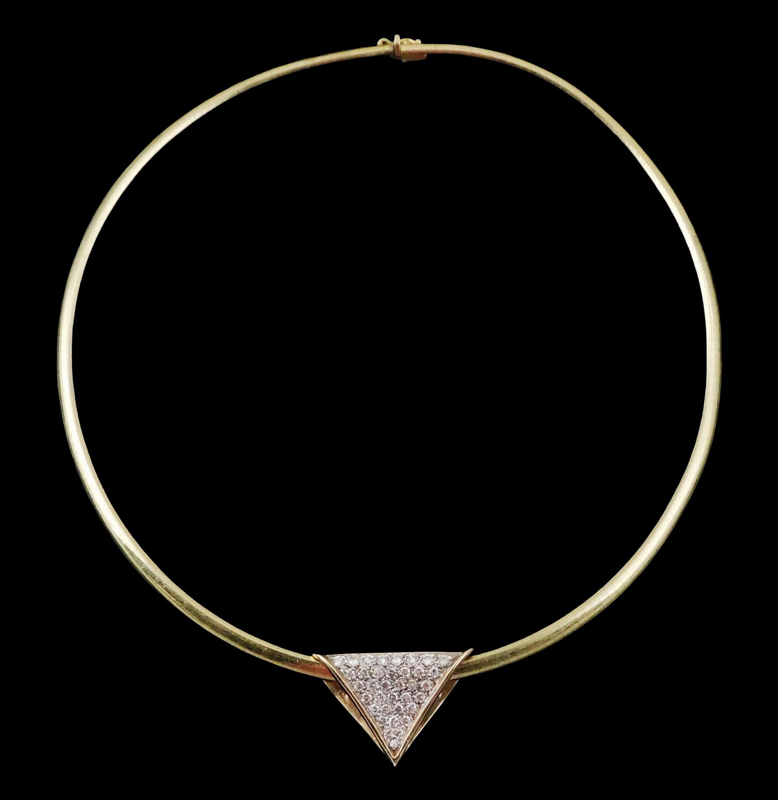 JEWELRY: 14K yellow gold omega choker necklace with triangular form slide pendant set with clear: JEWELRY: 14K yellow gold omega choker necklace with triangular form slide pendant set with clear faceted stones likely diamonds, stamped "14K Italy" on clasp, safety arm to clasp, necklace: 5" x 5 1/4