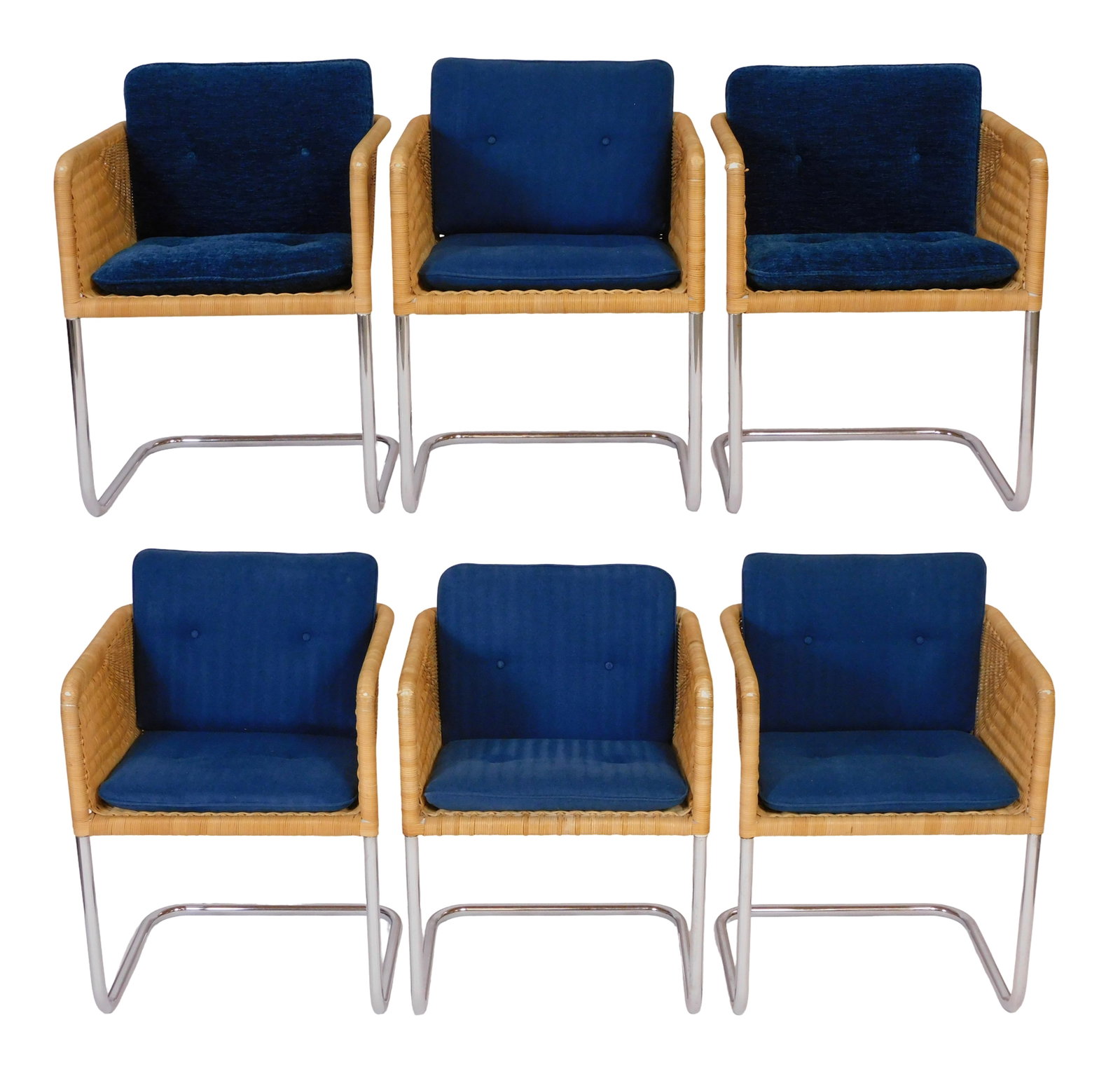 Six Harvey Probber Co. wicker and chrome lounge chairs, c. 1970, American, designed by Fabricus and (1 of 7)