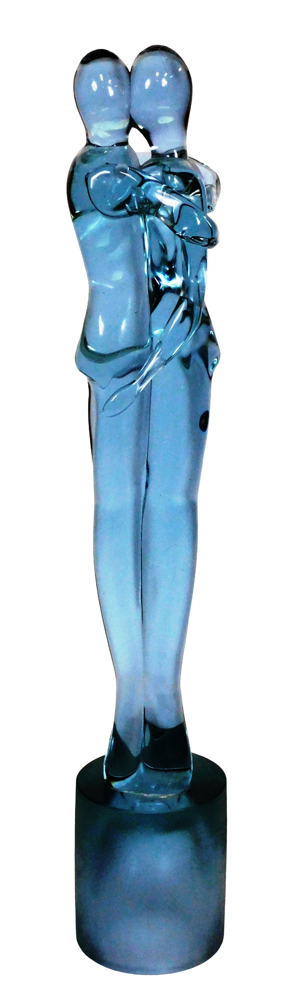 ART GLASS: Murano "Lovers" large glass figure, contemporary, Italian, teal glass changes to violet: ART GLASS: Murano "Lovers" large glass figure, contemporary, Italian, teal glass changes to violet under natural sunlight, two humanoid figures embrace, perched atop frosted glass cylindrical base, in