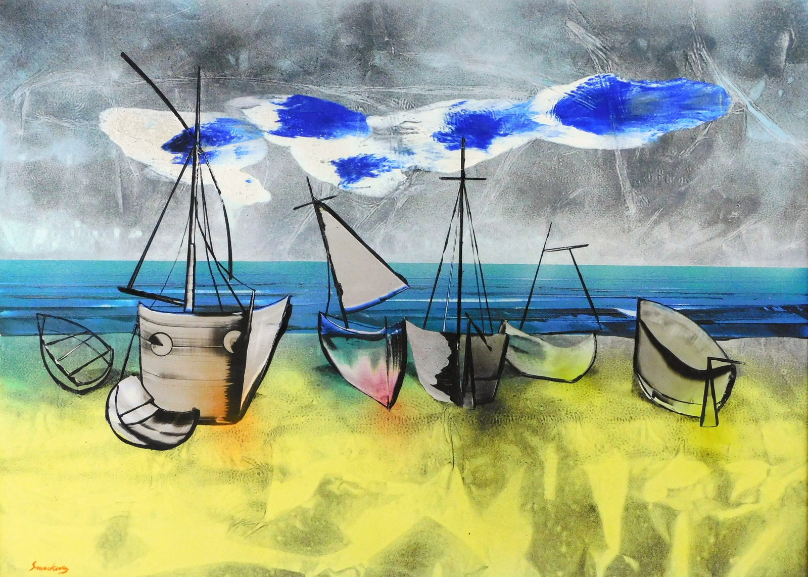 Vincent Smarkusz (Connecticut, 1919-1974), acrylic on aluminum, "Boats Ashore", five and other small (1 of 3)