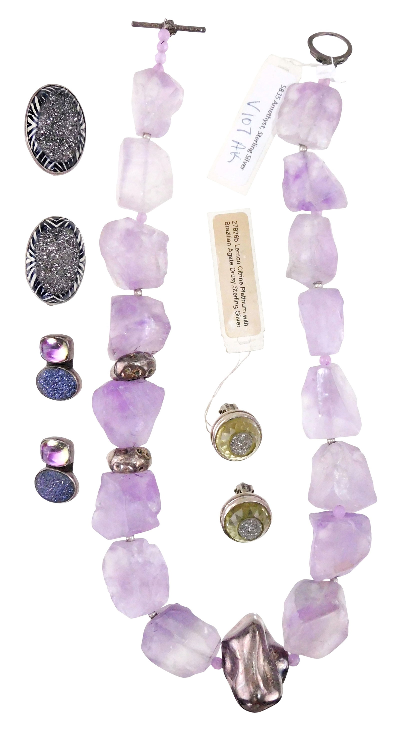JEWELRY: Amy Kahn Russell, seven signed pieces, many with amethyst or citrine type stones, all: JEWELRY: Amy Kahn Russell, seven signed pieces, many with amethyst or citrine type stones, all stamped sterling, two with original tags, details include: Amy Kahn Russell chunky amethyst and sterling 