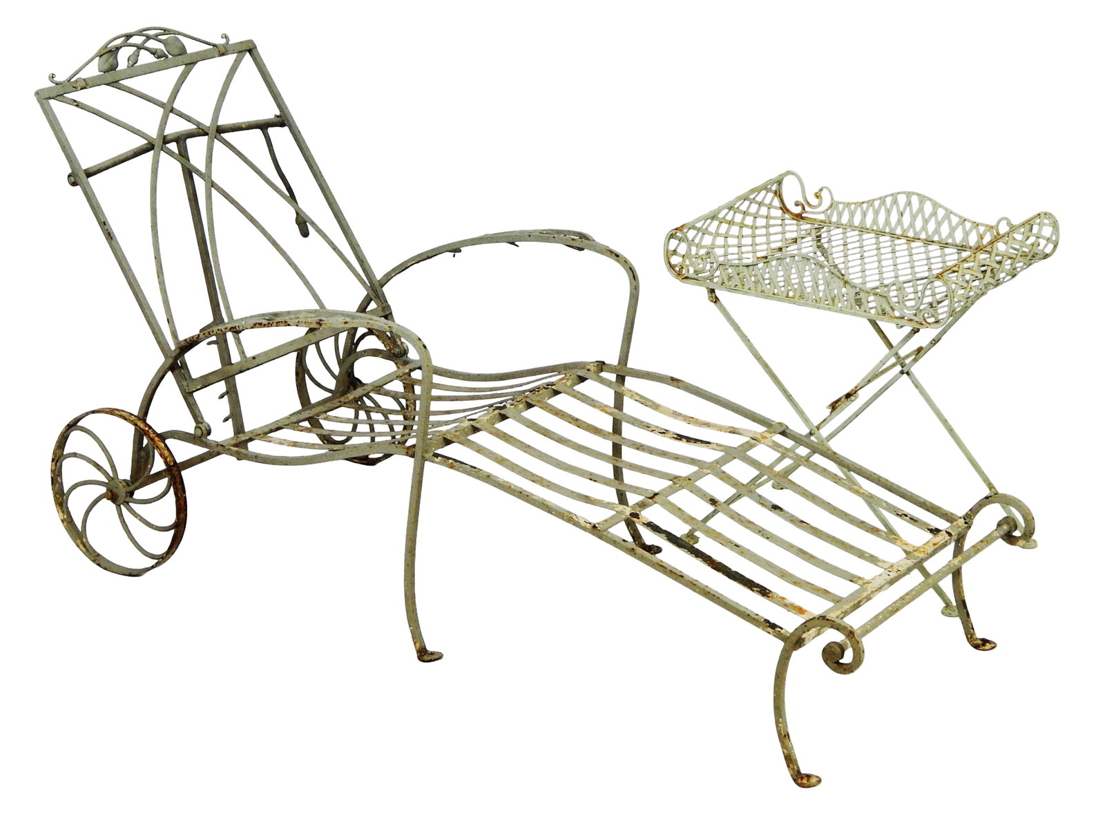 GARDEN: Iron patio chaise lounge chair with side table, lounge chair in the style of Salterini,: GARDEN: Iron patio chaise lounge chair with side table, lounge chair in the style of Salterini, foliate design in armrest and headrest, foldable and adjustable backrest above wheels, painted light min