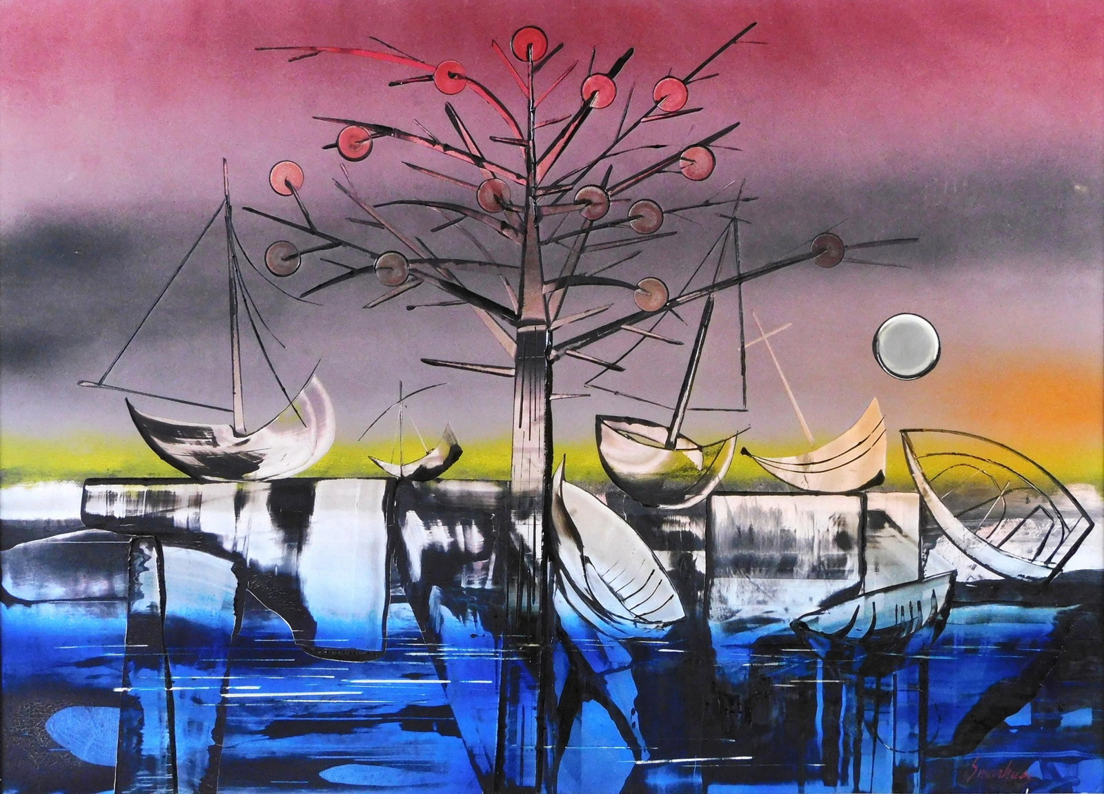 Vincent Smarkusz (Connecticut, 1919-1974), acrylic on aluminum, "Crystal Waters", evening shoreline: Vincent Smarkusz (Connecticut, 1919-1974), acrylic on aluminum, "Crystal Waters", evening shoreline with scattered boats surrounding tree, full moon rises in background, signed lower right, condition 