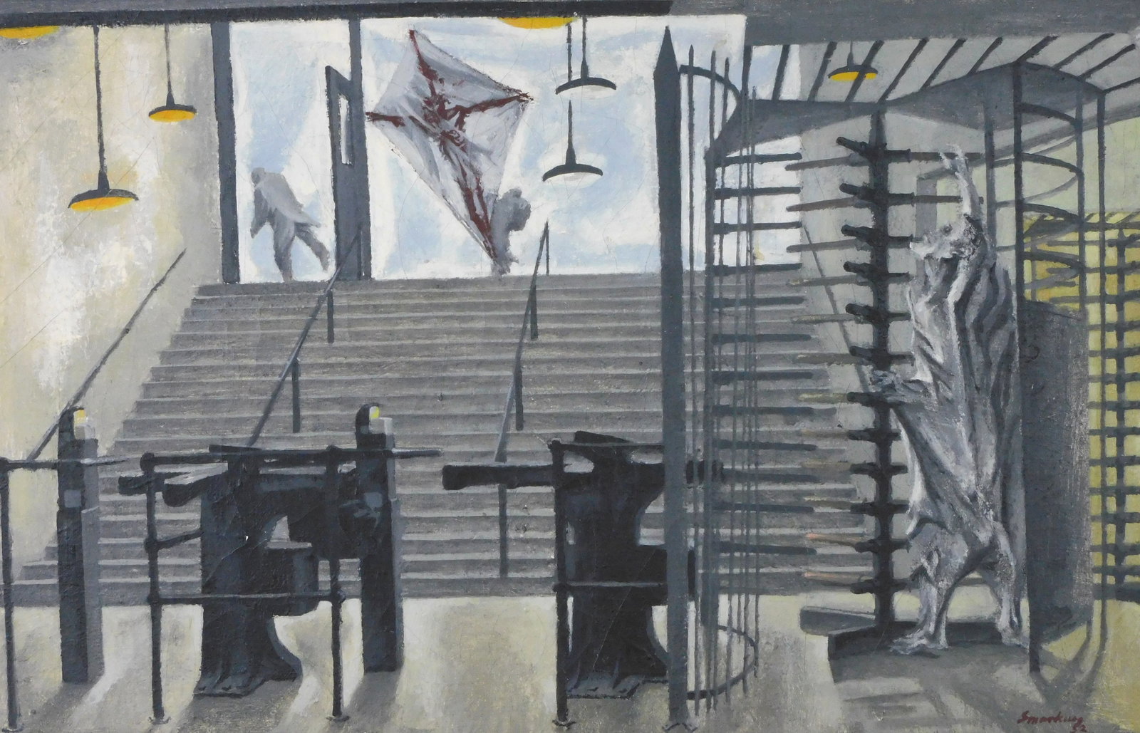 Vincent Smarkusz (Connecticut, 1919-1974), oil on canvas, "Subterranean Kite Man", turnstiles and (1 of 5)