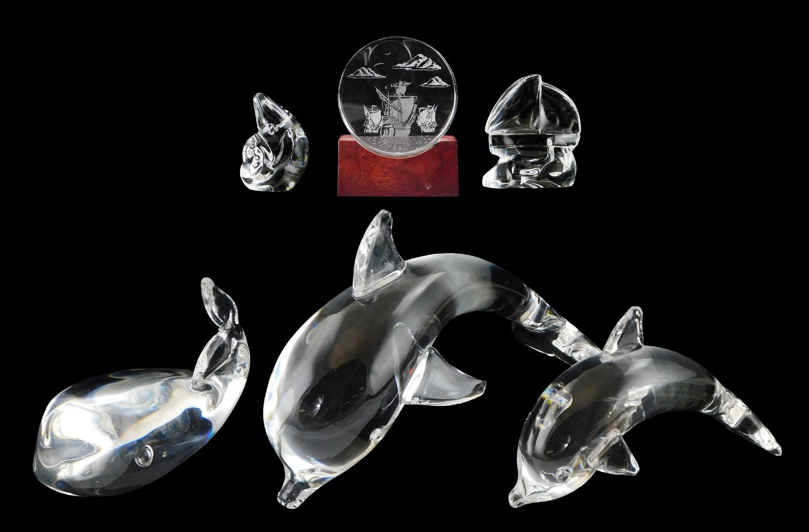 ART GLASS: Six Steuben ocean themed figures and paperweights, two dolphins, two whales, and two ship (1 of 7)