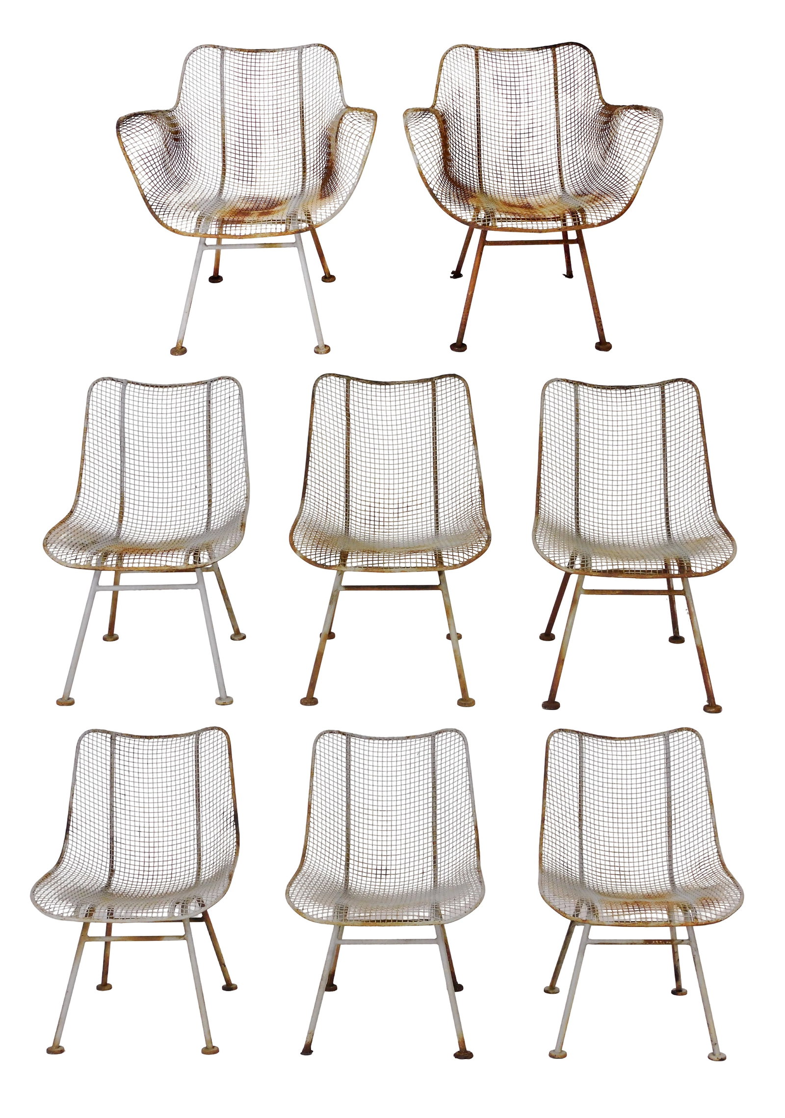 GARDEN: Russell Woodard "Sculptura" patio chairs, mid-20th C., eight total with two arm and six: GARDEN: Russell Woodard "Sculptura" patio chairs, mid-20th C., eight total with two arm and six side, freeform body constructed from wrought iron mesh, in weathered grey finish, wear on all consistent