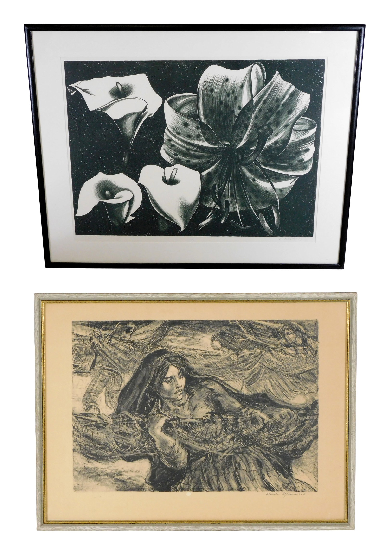 Lowell Nesbitt, Marion Greenwood, two framed and pencil signed lithographs, details include: Lowell (1 of 11)
