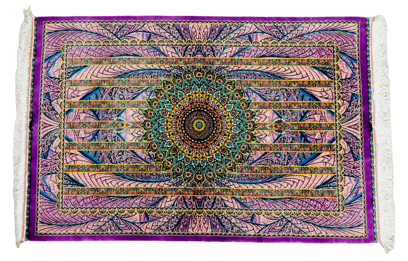 RUG: Silk Qum rug, 1' 10" x 2' 10", silk on silk, mandala pattern, lavender ground, pink, teal and (1 of 3)