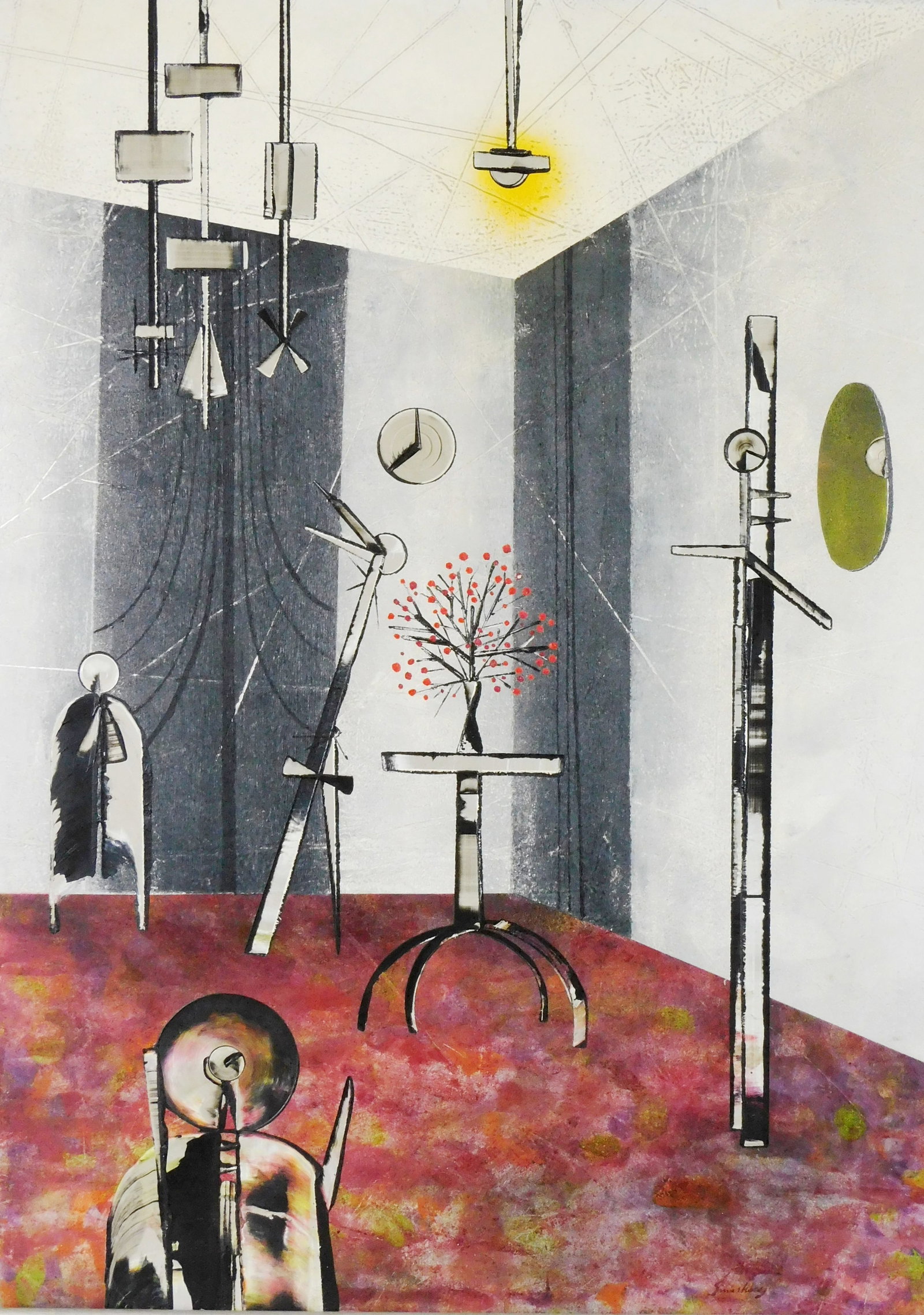 Vincent Smarkusz (Connecticut, 1919-1974), acrylic on aluminum, "Twenty 2 Twelve", stylized: Vincent Smarkusz (Connecticut, 1919-1974), acrylic on aluminum, "Twenty 2 Twelve", stylized Mid-century interior scene with geometric shapes and figures, metallic structures, and red floor, at center 