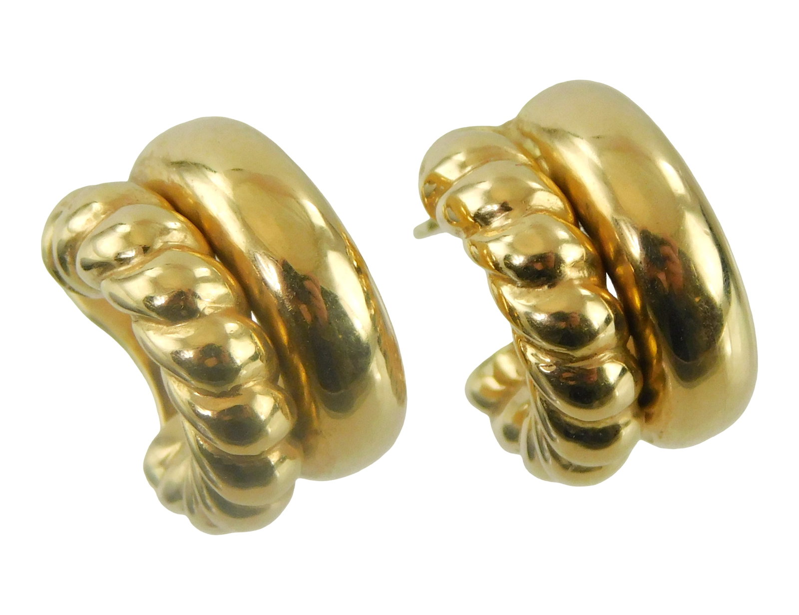 JEWELRY: 18K Yellow gold hoop earrings, rope twist and loop style, stamped "750" on back as well as: JEWELRY: 18K Yellow gold hoop earrings, rope twist and loop style, stamped "750" on back as well as "HDL", wear consistent with age and use, 1/2" h. [Total Weight: 4.7 grams].