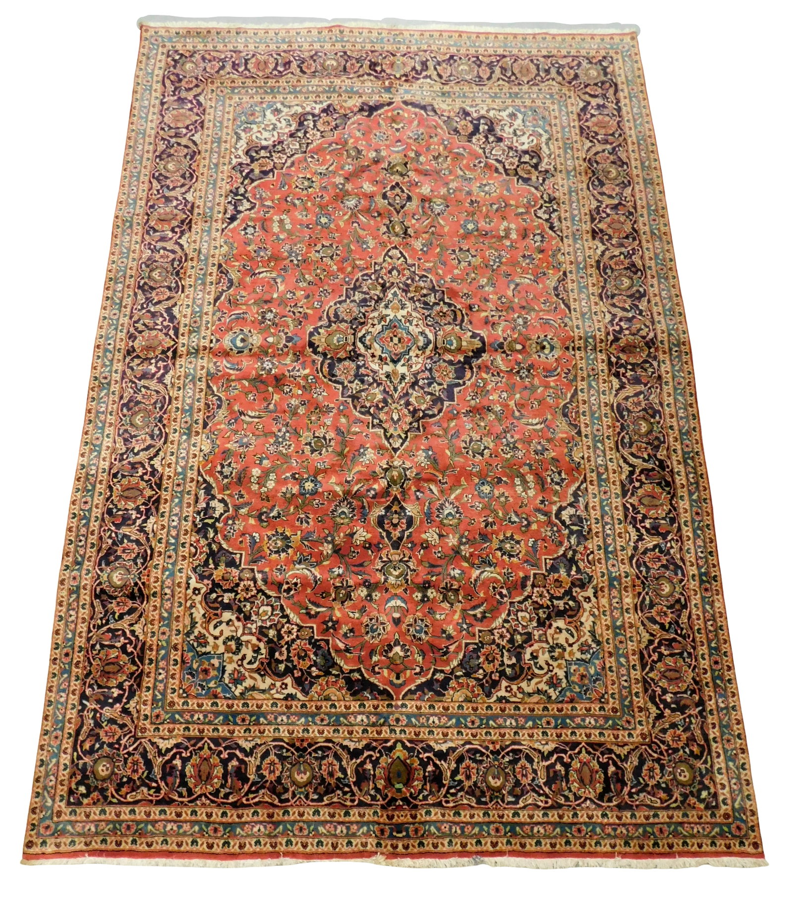 RUG: Fashan carpet, 12' 2" x 7' 10", wool on cotton, hand-knotted, foliate motif, spandrels, central: RUG: Fashan carpet, 12' 2" x 7' 10", wool on cotton, hand-knotted, foliate motif, spandrels, central medallion, rose ground, aubergine major border, accents of cream, bone, gold, steel blue and olive,