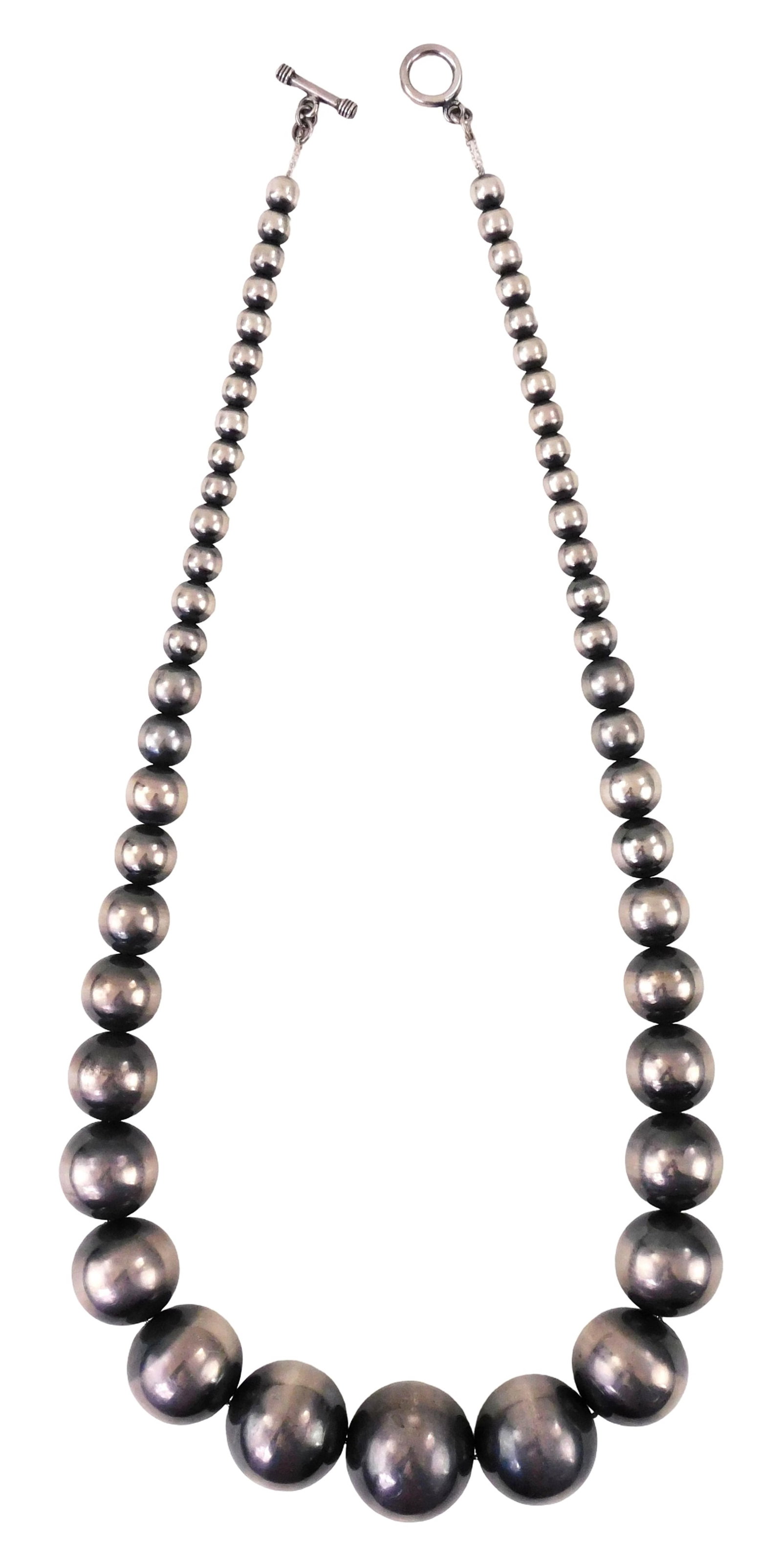 SILVER: Navajo style silver 'Pearl' necklace, hollow graduated silver beads on double chain strand, (1 of 3)