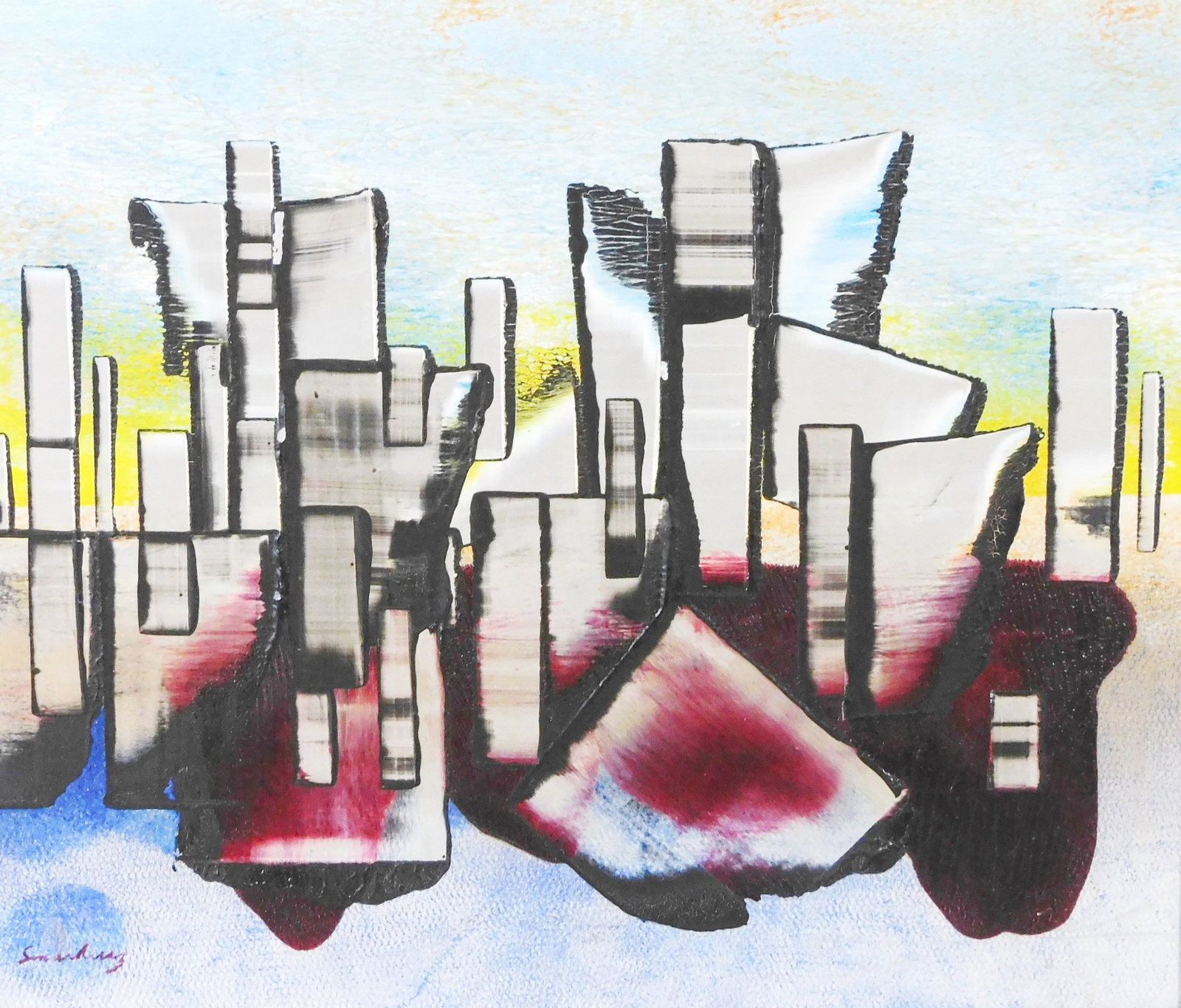Vincent Smarkusz (Connecticut, 1919-1974), acrylic on aluminum, "Pennate Genus", abstracted: Vincent Smarkusz (Connecticut, 1919-1974), acrylic on aluminum, "Pennate Genus", abstracted composition resembling architectural forms or cityscape, set against textural sky of blue into yellow, with 