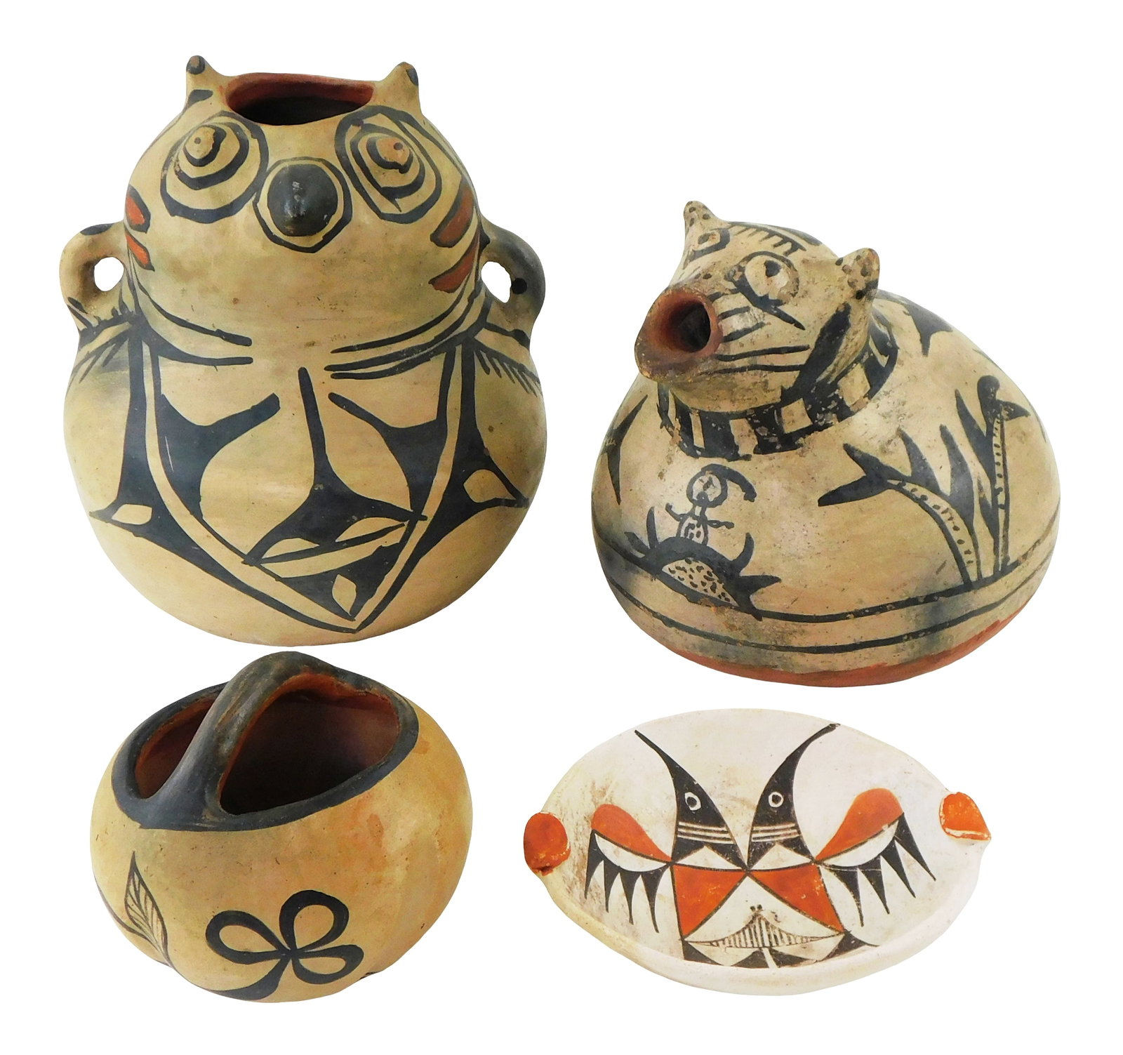 Four southwestern style pottery vessels, New Mexico, including: Acoma Pueblo small bowl, stylized (1 of 5)