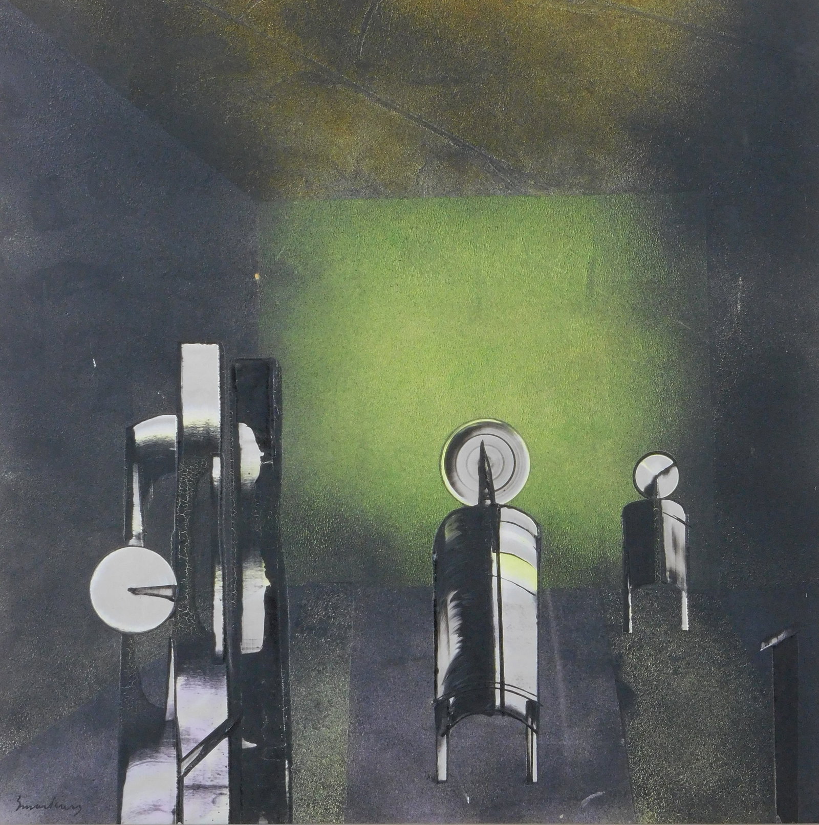 Vincent Smarkusz (Connecticut, 1919-1974), acrylic on aluminum, "End Man", abstracted geometric: Vincent Smarkusz (Connecticut, 1919-1974), acrylic on aluminum, "End Man", abstracted geometric shapes with some resembling figures, set against yellow fading to black, signed lower left, paper label 