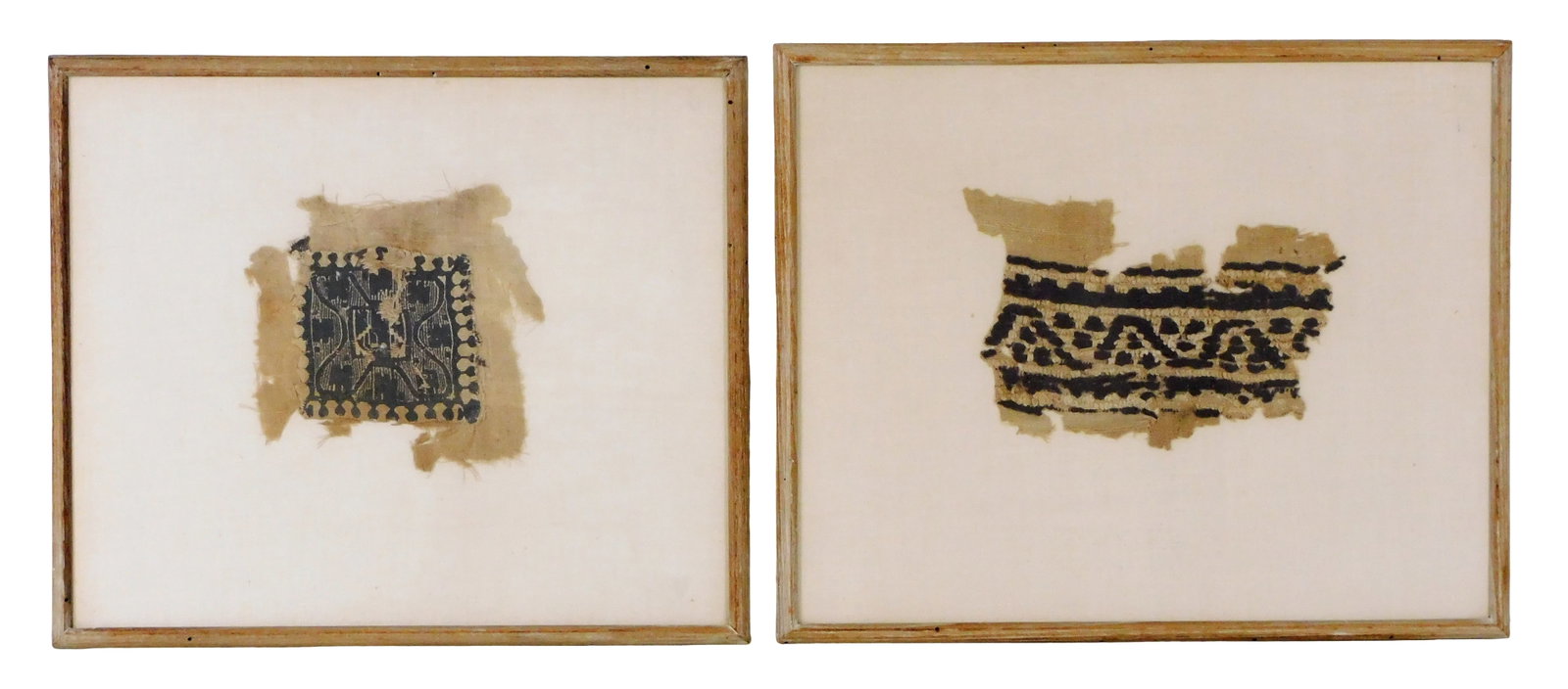 Ancient 7th C. AD, Christian Coptic Egypt textile fragments, two pieces separately framed under (1 of 3)