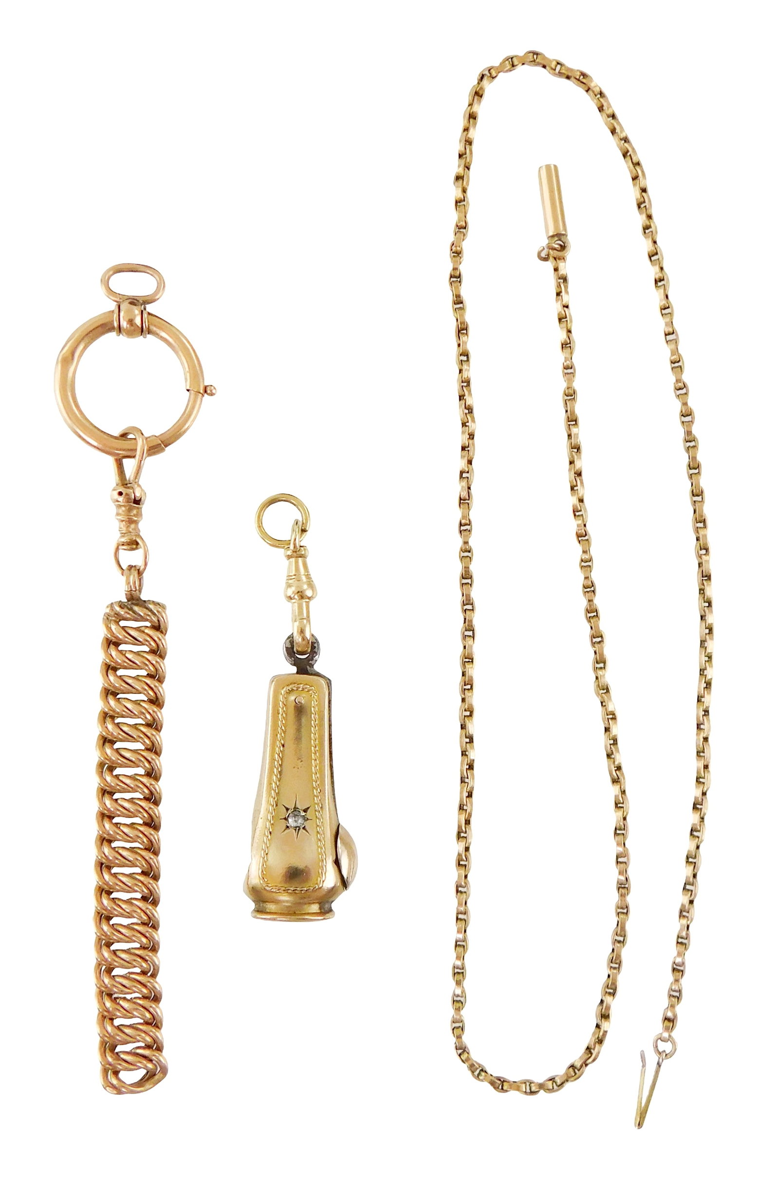 JEWELRY: Two gold chains and one gold cigar cutter, gold purity ranges from 9K to 14K, details (1 of 2)