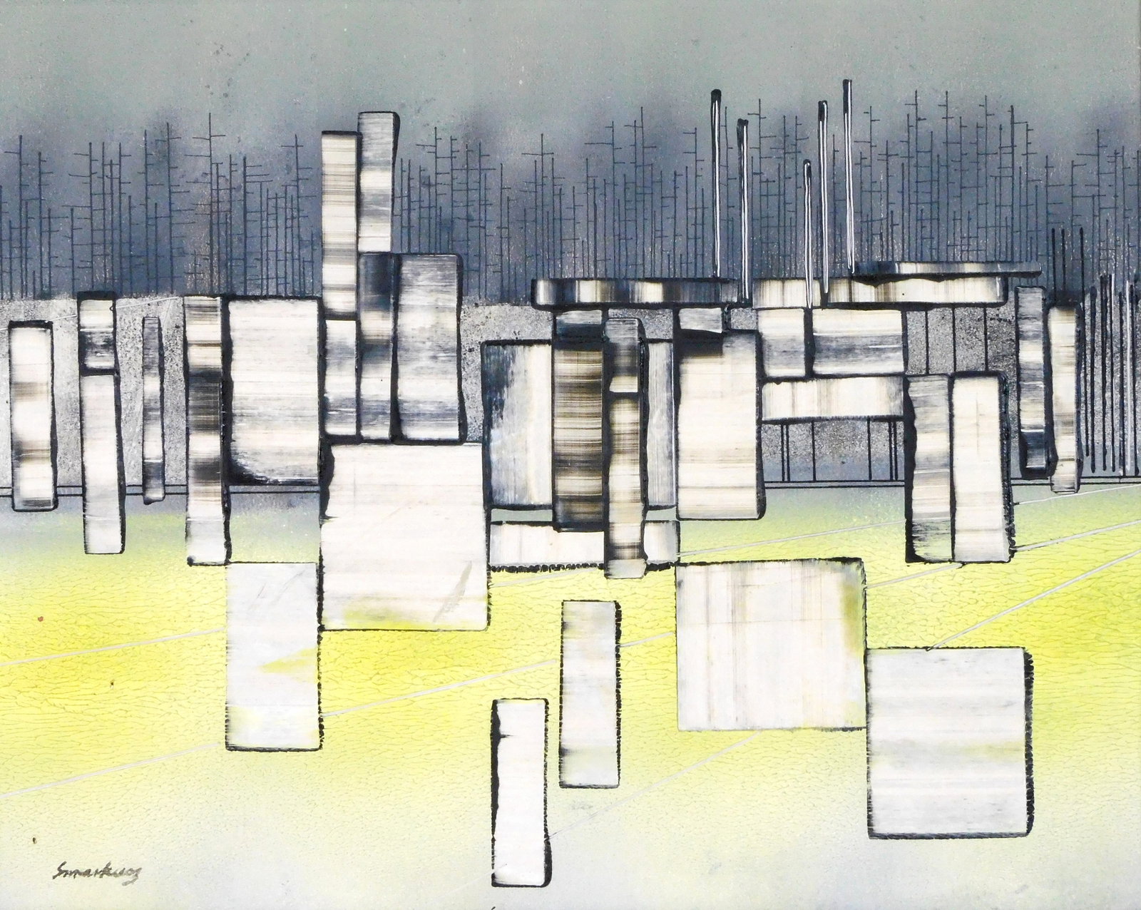 Vincent Smarkusz (Connecticut, 1919-1974), acrylic on aluminum, abstracted squares and rectangles: Vincent Smarkusz (Connecticut, 1919-1974), acrylic on aluminum, abstracted squares and rectangles resembling cityscape, linework to top of shapes with yellow ground beneath, signed lower left, paper l