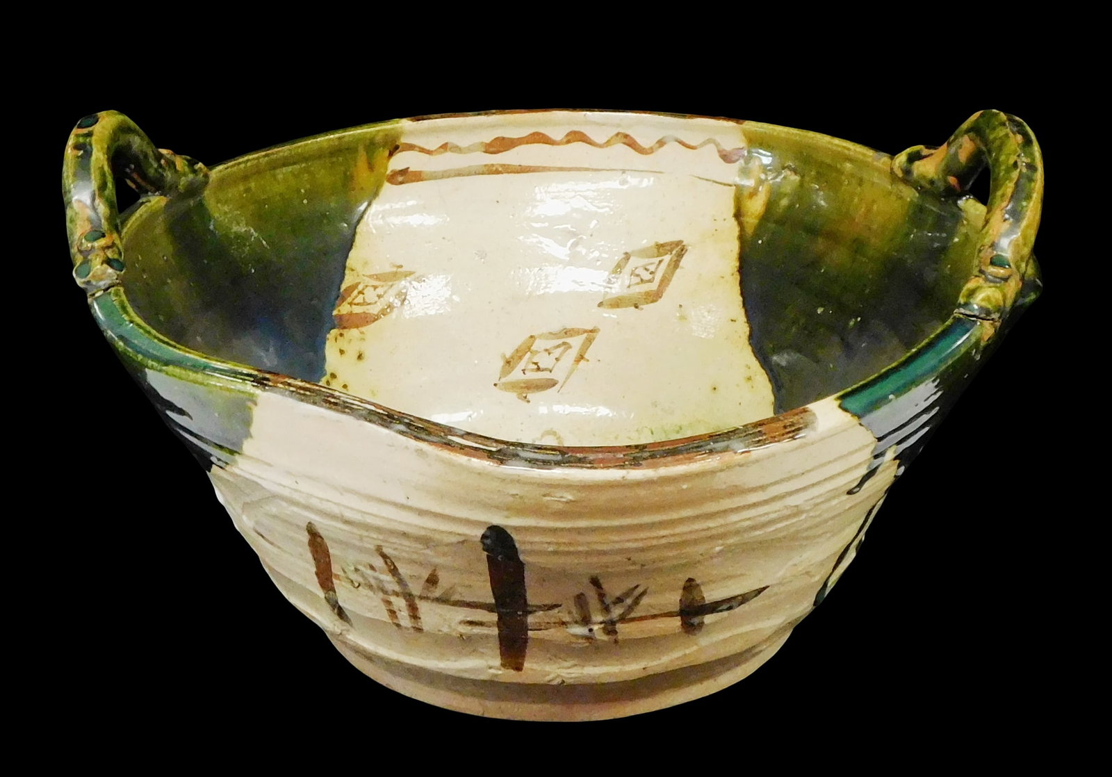 ASAIN: Japanese Oribe style large ceramic basket, large bowl shape with open handles to either end,: ASAIN: Japanese Oribe style large ceramic basket, large bowl shape with open handles to either end, tapered body, cream glaze, rust-brown geometrical pattern motifs, blue and green drip style decorati