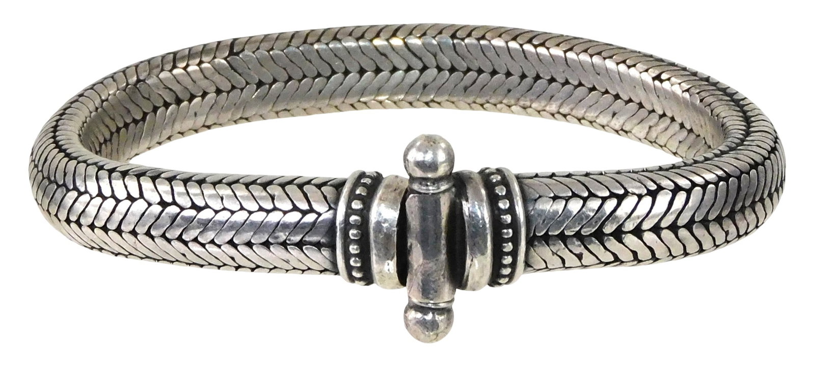 SILVER: Woven silver snake chain bracelet with toggle closure, 20th C., stamped '51' on one end,: SILVER: Woven silver snake chain bracelet with toggle closure, 20th C., stamped '51' on one end, wear consistent with age and use, 8 3/4" l. [Total Weight: 3.7 ozt.]
