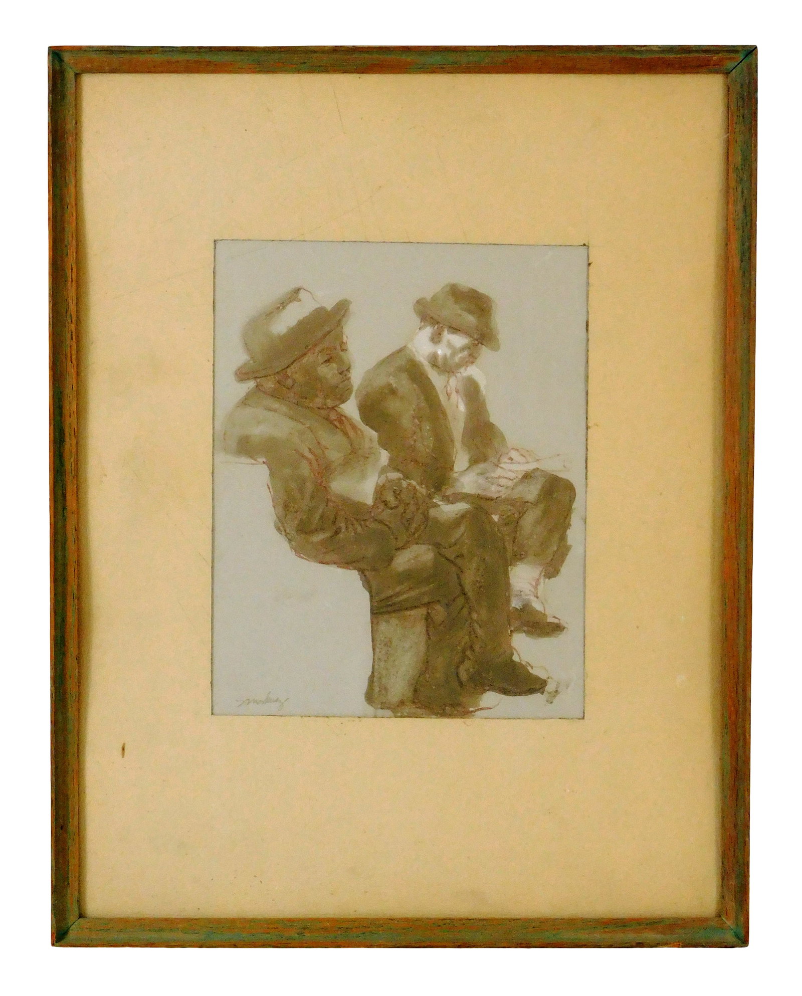 Vincent Smarkusz (Connecticut, 1919-1974), mixed media with watercolor on paper, two seated men in: Vincent Smarkusz (Connecticut, 1919-1974), mixed media with watercolor on paper, two seated men in professional attire, one is reading a folded paper, pencil signed lower left, framed behind glass, no