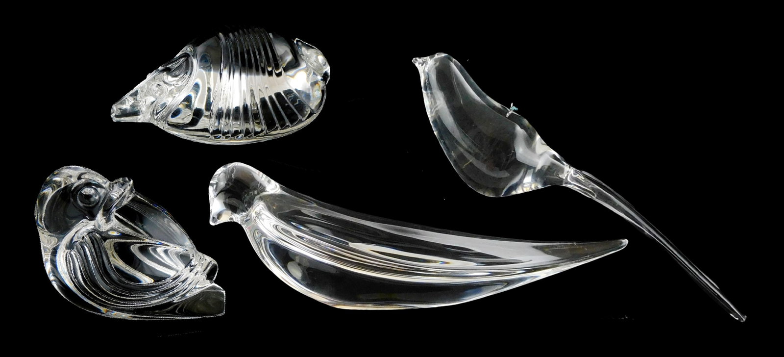 ART GLASS: Three Steuben crystal birds and an armadillo, all with signed base, including: love bird, (1 of 7)
