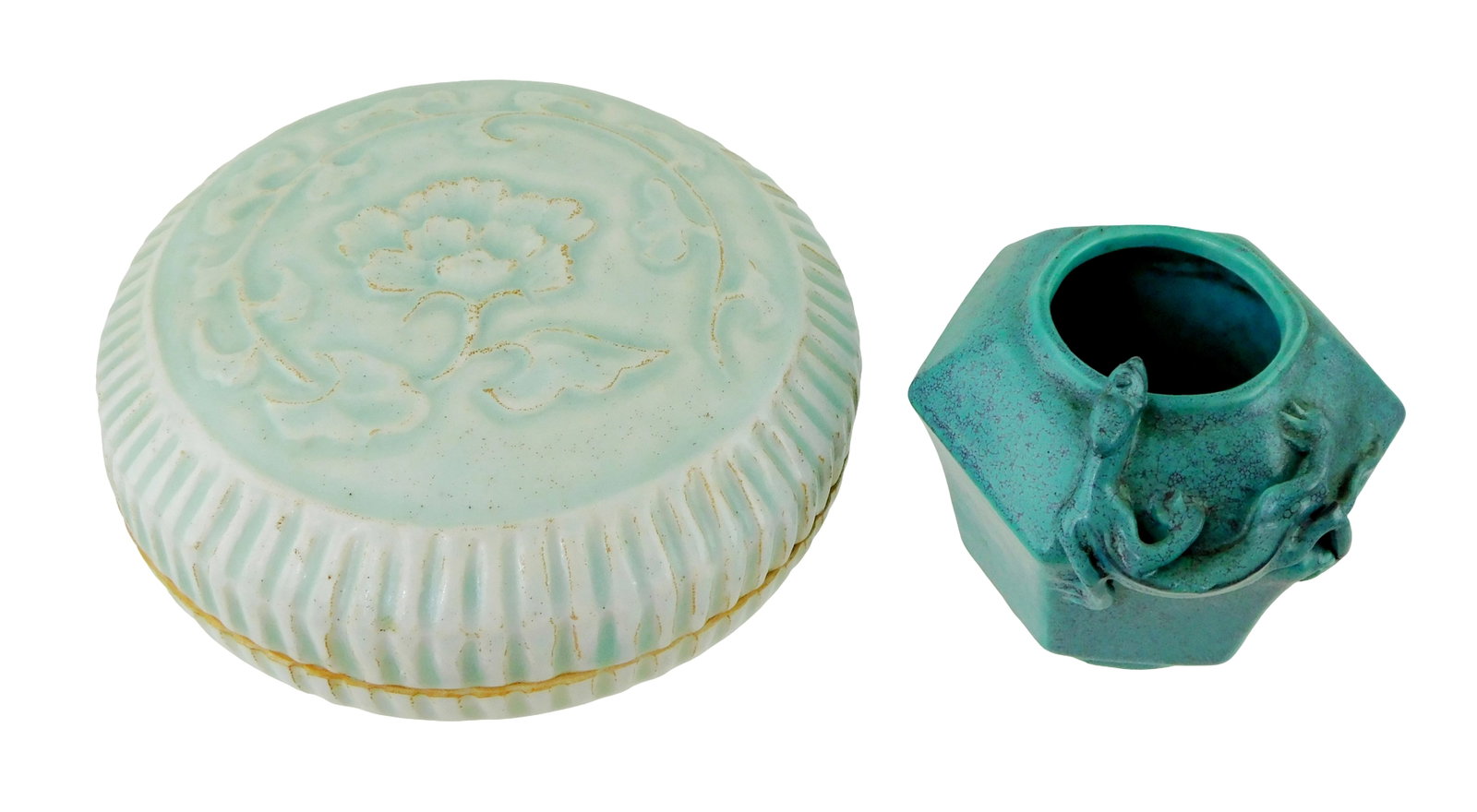 ASIAN: Chinese Qingbai glaze cosmetic box and robin's egg glaze waterpot, 19th-early 20th C.,: ASIAN: Chinese Qingbai glaze cosmetic box and robin's egg glaze waterpot, 19th-early 20th C., including: Qingbai or Yingqing glaze molded cosmetics box, fluted sides, floral motif molded top, inside w