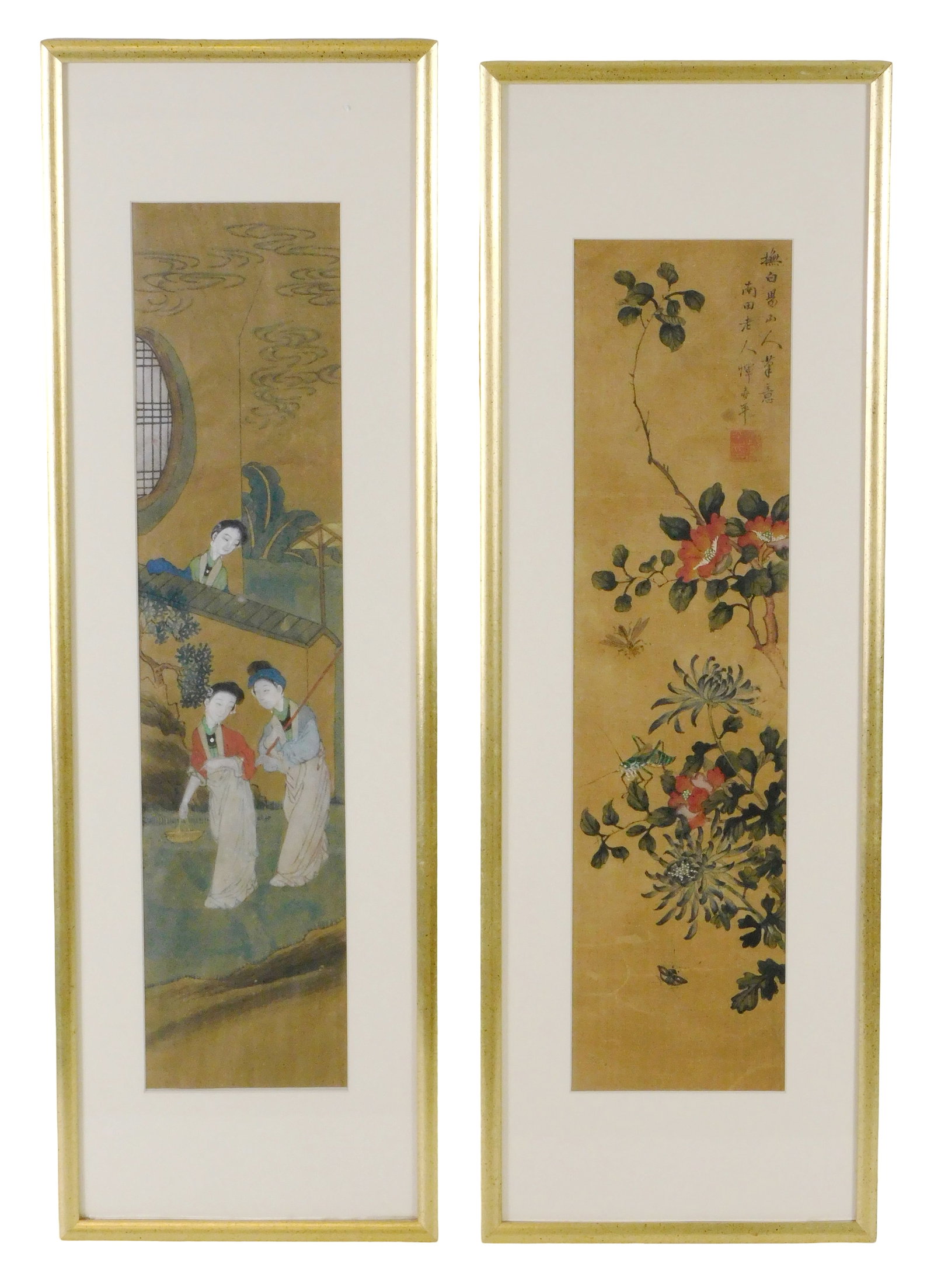 ASIAN: Two Chinese scroll art paintings, early 20th C., both painted in older styles, both framed (1 of 6)