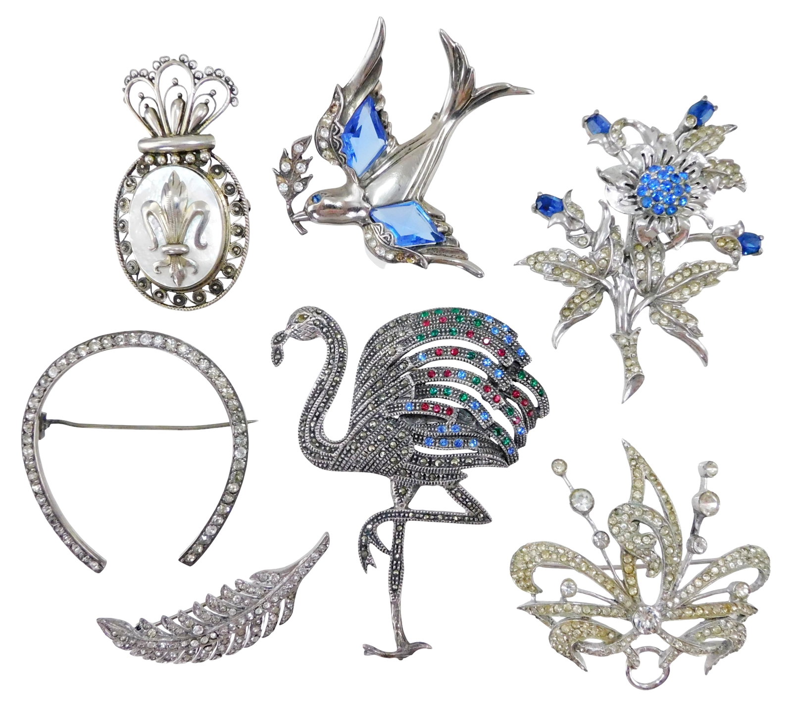 STERLING: Seven early elaborately designed sterling silver brooches with inlaid faux stones, all (1 of 3)