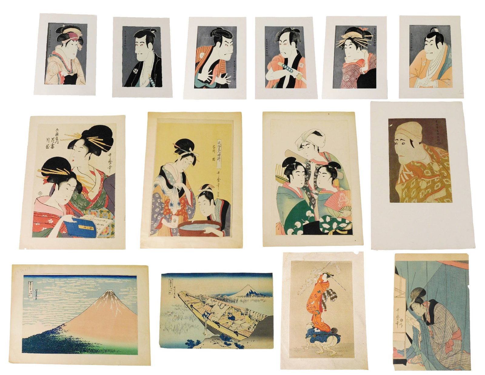 ASIAN: Toshusai Sharaku, Utamaro Kitagawa, Katsushika Hokusai, etc., thirteen unframed 20th C.: ASIAN: Toshusai Sharaku, Utamaro Kitagawa, Katsushika Hokusai, etc., thirteen unframed 20th C. reproductions of early Japanese woodblock prints: Six by Toshusai Sharaku featuring kabuki actors, hinged