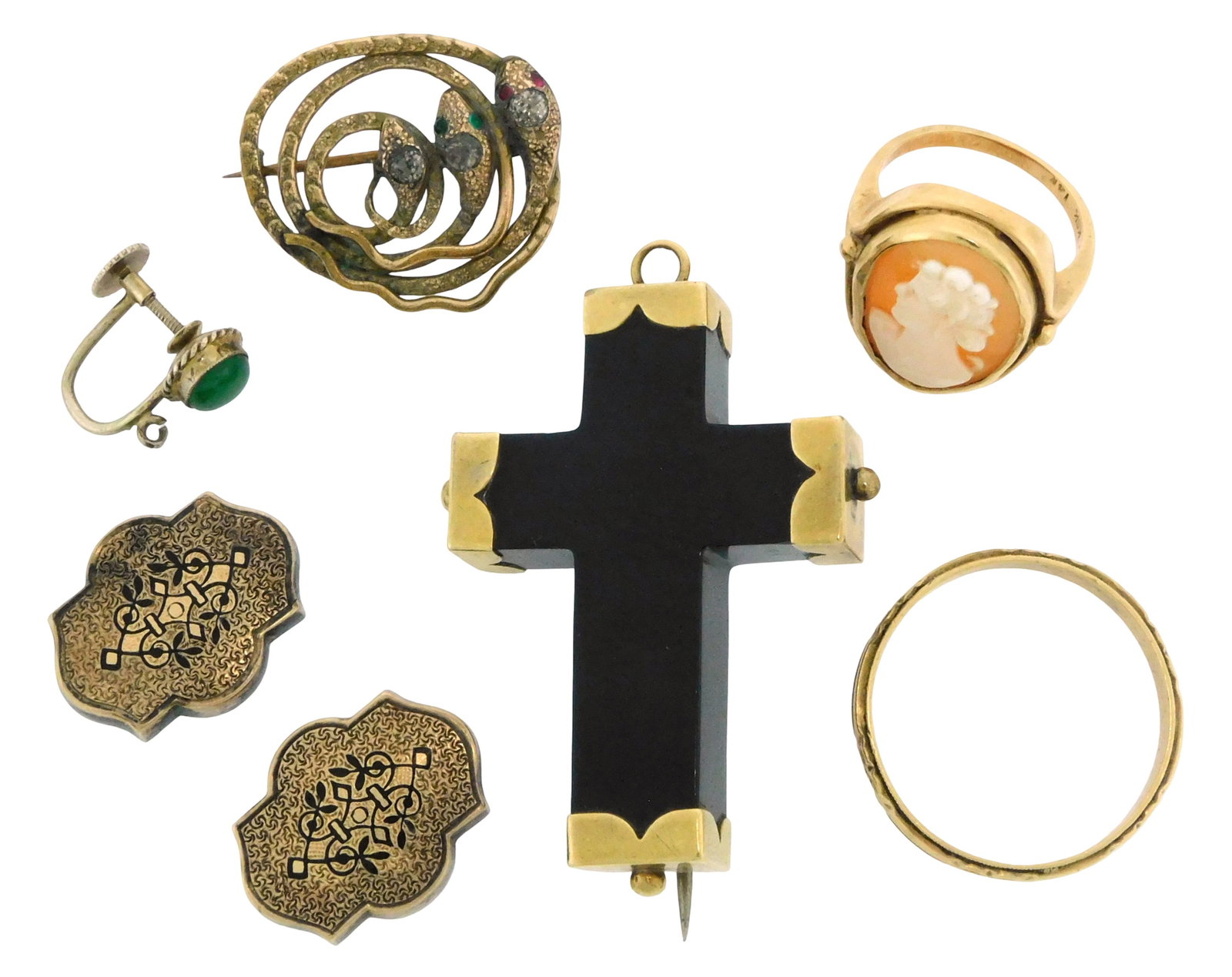 JEWELRY: Seven pieces of 14K yellow gold, all stamped or tested 14K, pieces include: triple snake: JEWELRY: Seven pieces of 14K yellow gold, all stamped or tested 14K, pieces include: triple snake brooch with inset faceted stones, tested; pair of Victorian cufflinks with black enamel decoration, te