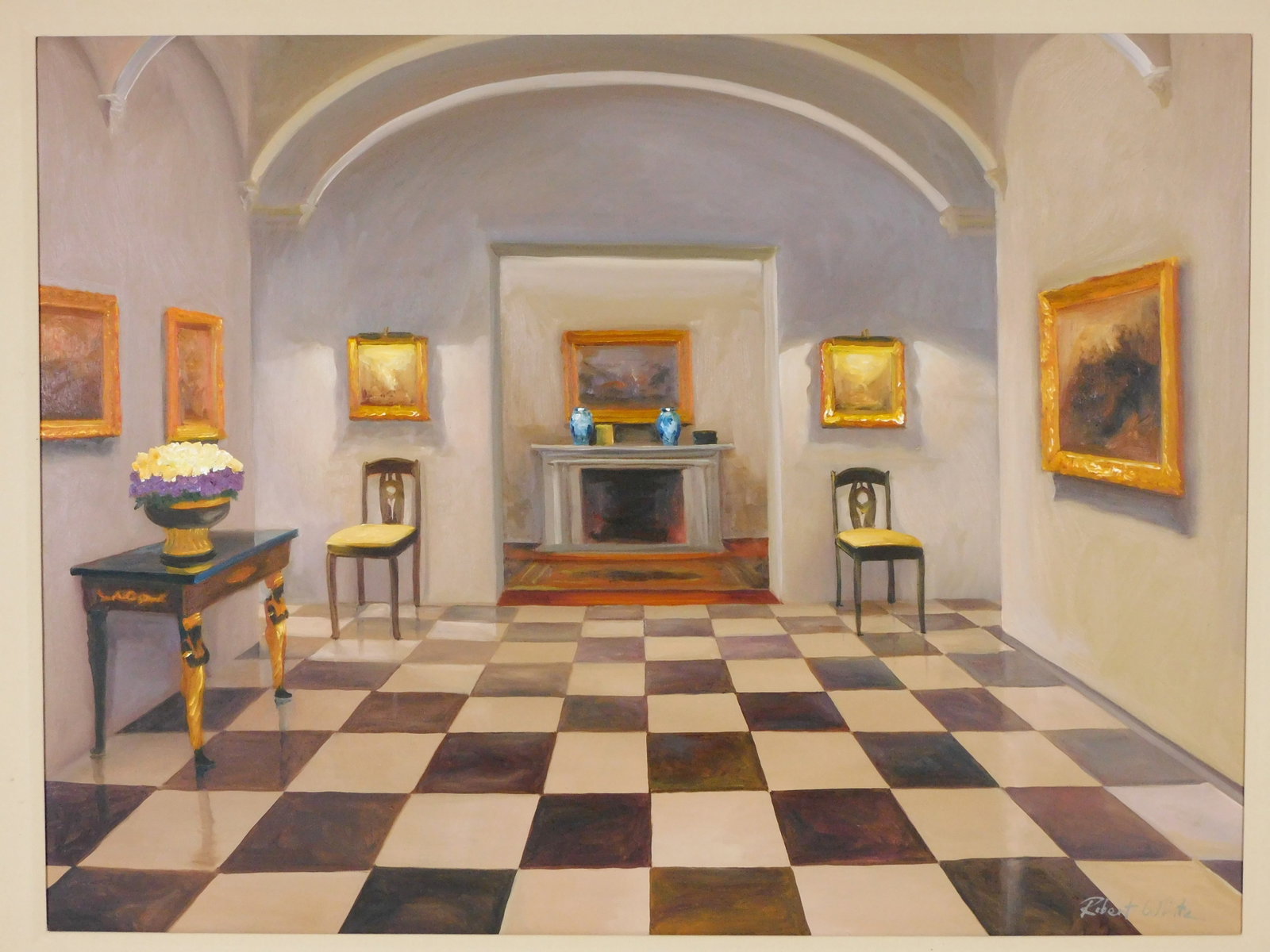 Robert White (American, 1912-2008) "Grand Hall", 20th C., oil on canvas, depicting interior scene, a (1 of 5)