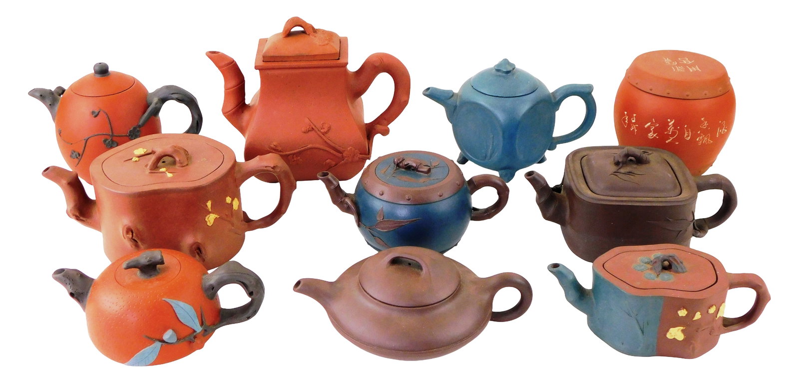 ASIAN: Chinese Yixing teapots and covered jar, 20th C., ten pieces, all unglazed, all with stamped (1 of 4)