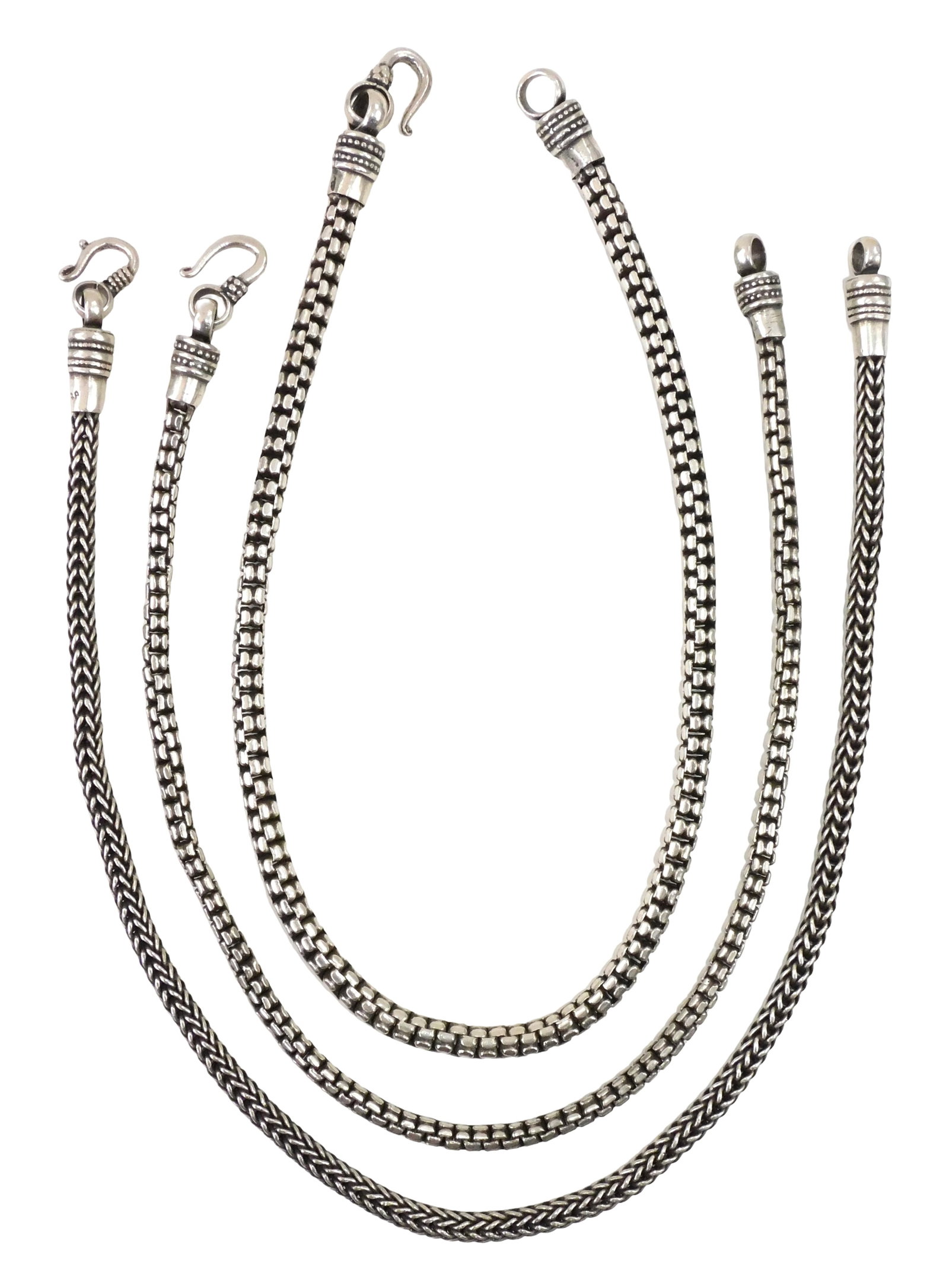 SILVER: Three Byzantine form silver chain necklaces, 20th C., stamped monograms at end, no hallmarks (1 of 4)