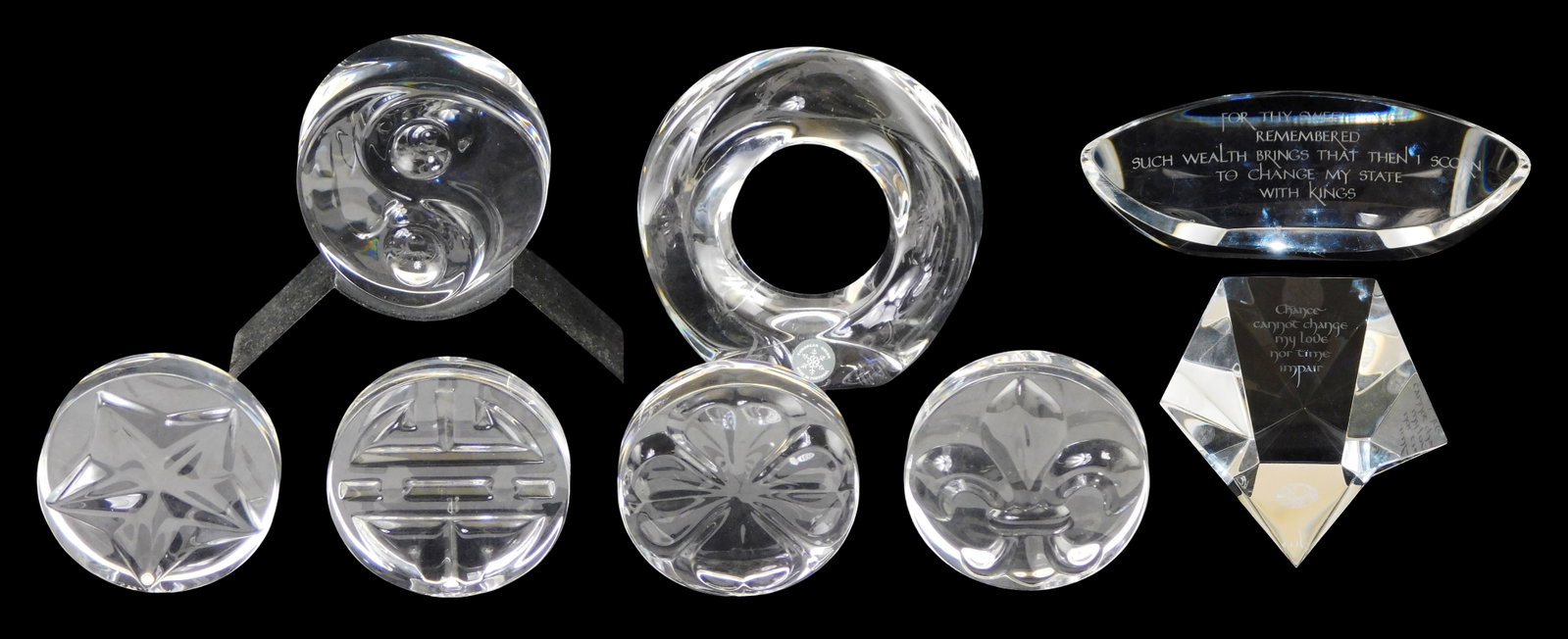 ART GLASS: Eight Steuben crystal paperweights and hand coolers, including: four Steuben Tokens, four (1 of 6)