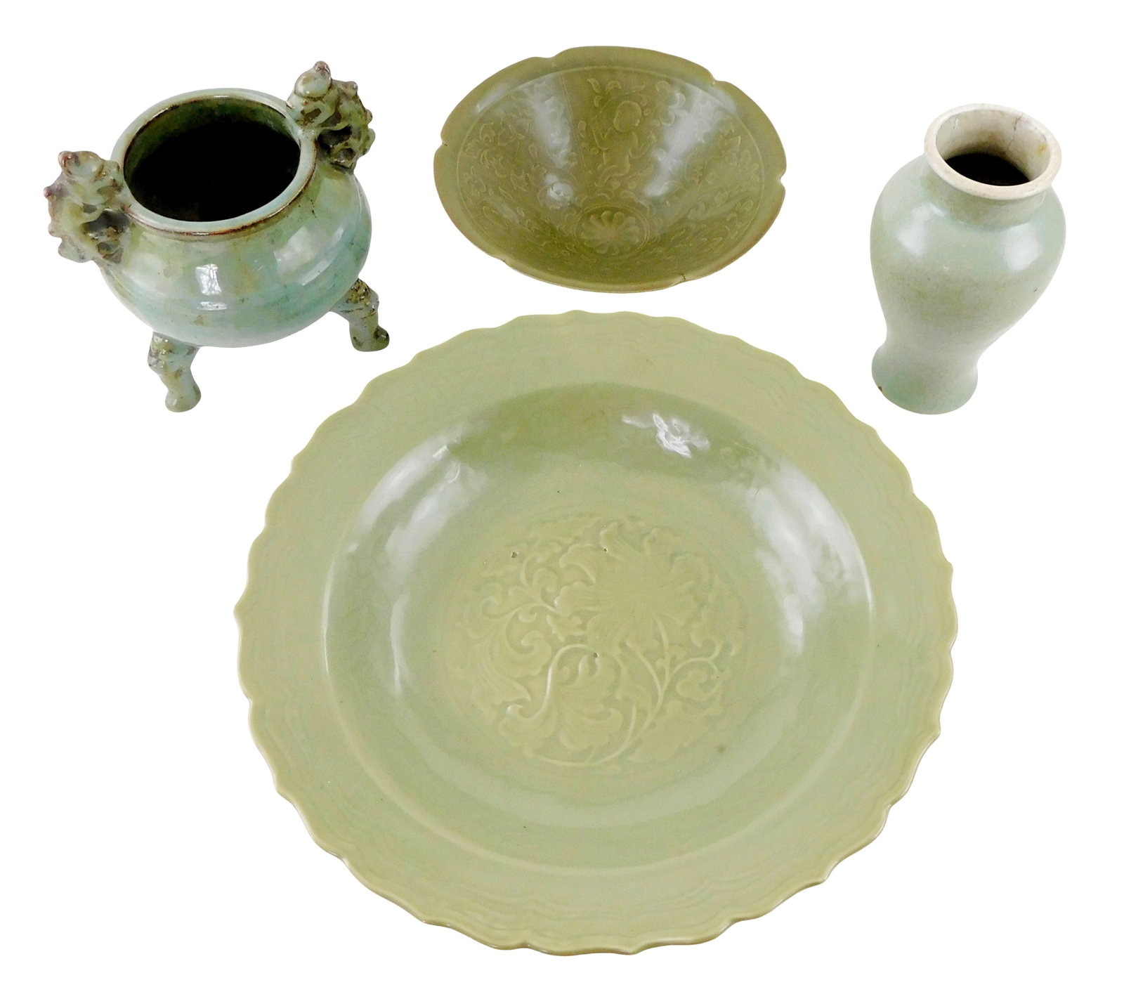 ASIAN: Chinese Celedon glazed porcelain bowls, censer and vase, four pieces, 19th-20th C., details (1 of 7)