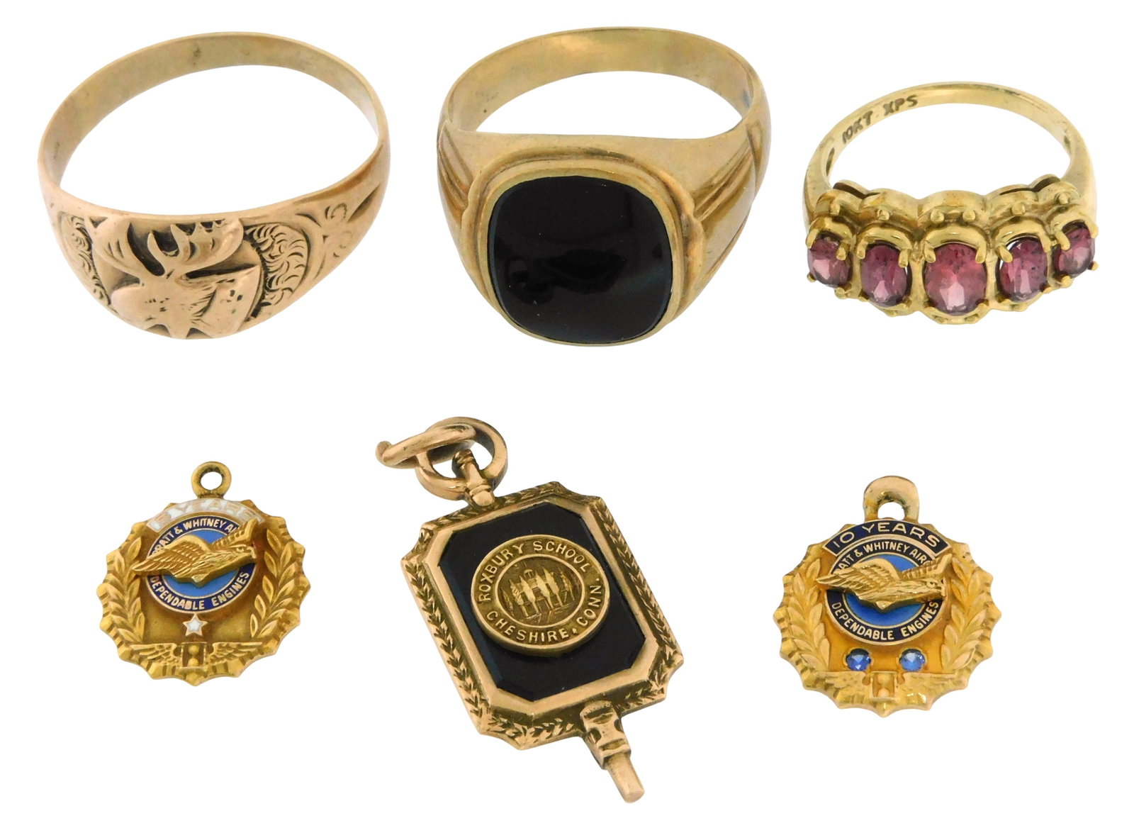 JEWELRY: Six pieces of 10K yellow gold, all stamped, including: men's ring with inset onyx; (1 of 3)