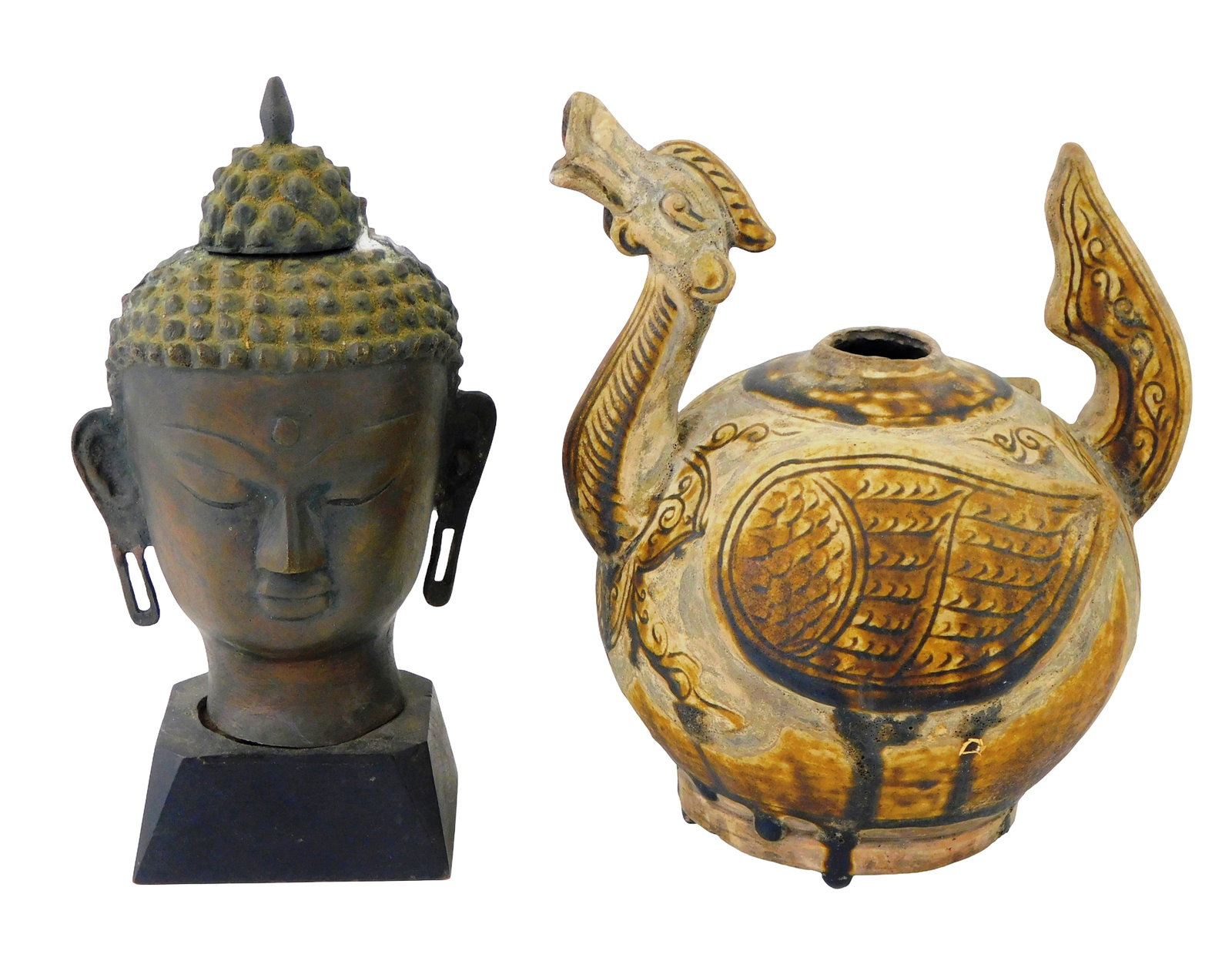 ASIAN: Thai Sukothai buddha bust and 'Hamsa' zoomorphic kendi, details include: bronze Sukothai (1 of 3)