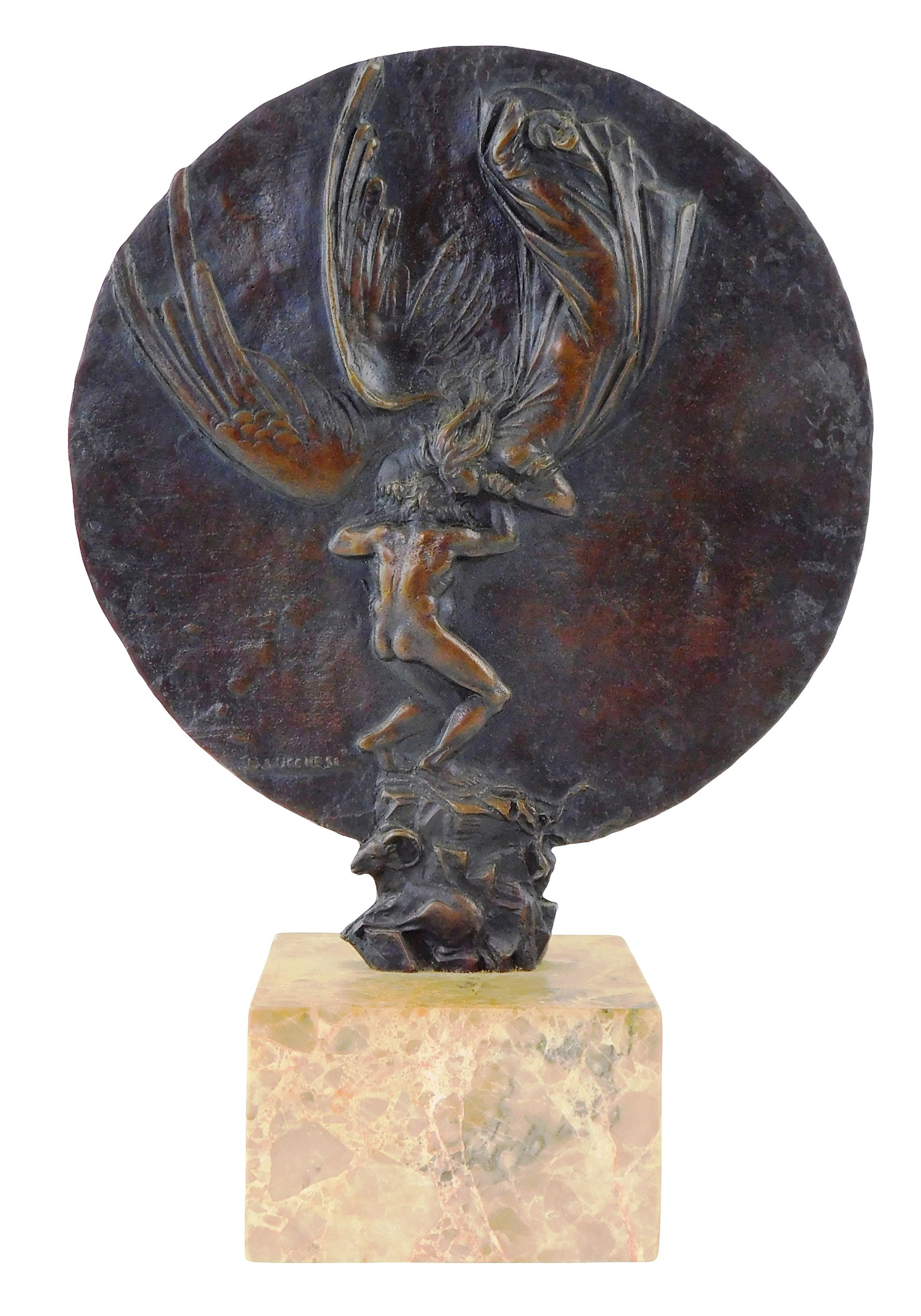 SCULPTURE: Bruno Lucchesi (American, b. 1926), "Jacob and the Angel", c. 1960's, bronze casted on: SCULPTURE: Bruno Lucchesi (American, b. 1926), "Jacob and the Angel", c. 1960's, bronze casted on marble mount, round bas relief bronze plaque with biblical scene, signed at lower left, mounted on mar